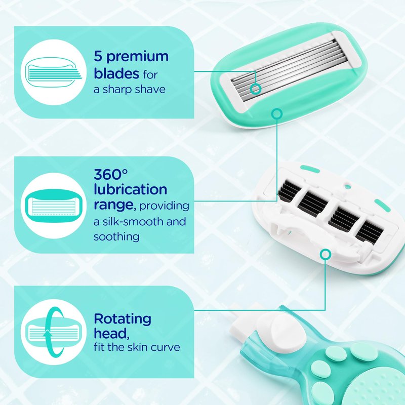 Women’s Razor Blades Refills Include 4 Cartridges, Extra Smooth 5-Blade Travel Razor Refills for Comfort Shaving, Green