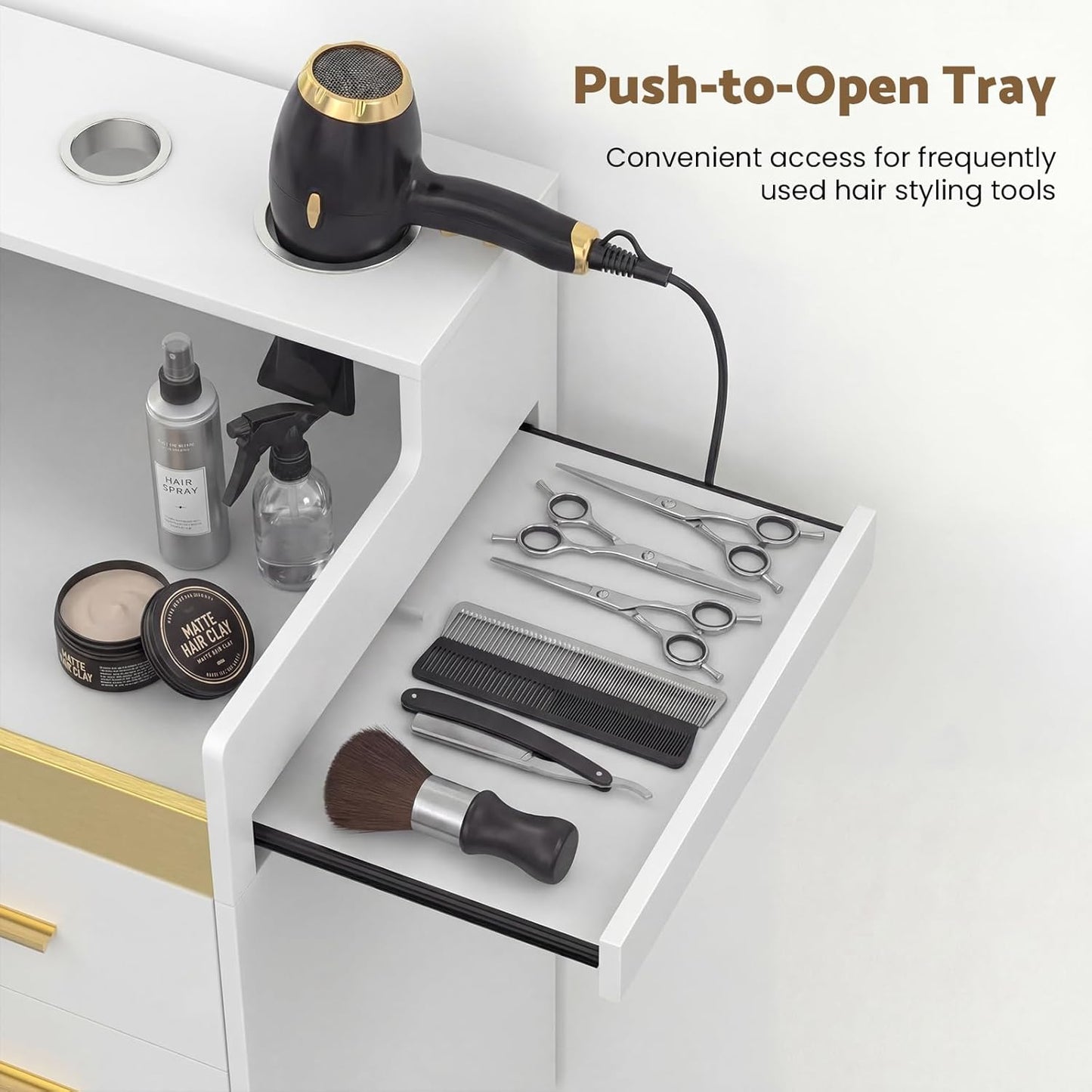 Salon Station for Hair Stylists | Barber Storage System with 3 Hot Tool Holders & Large Cabinet - White