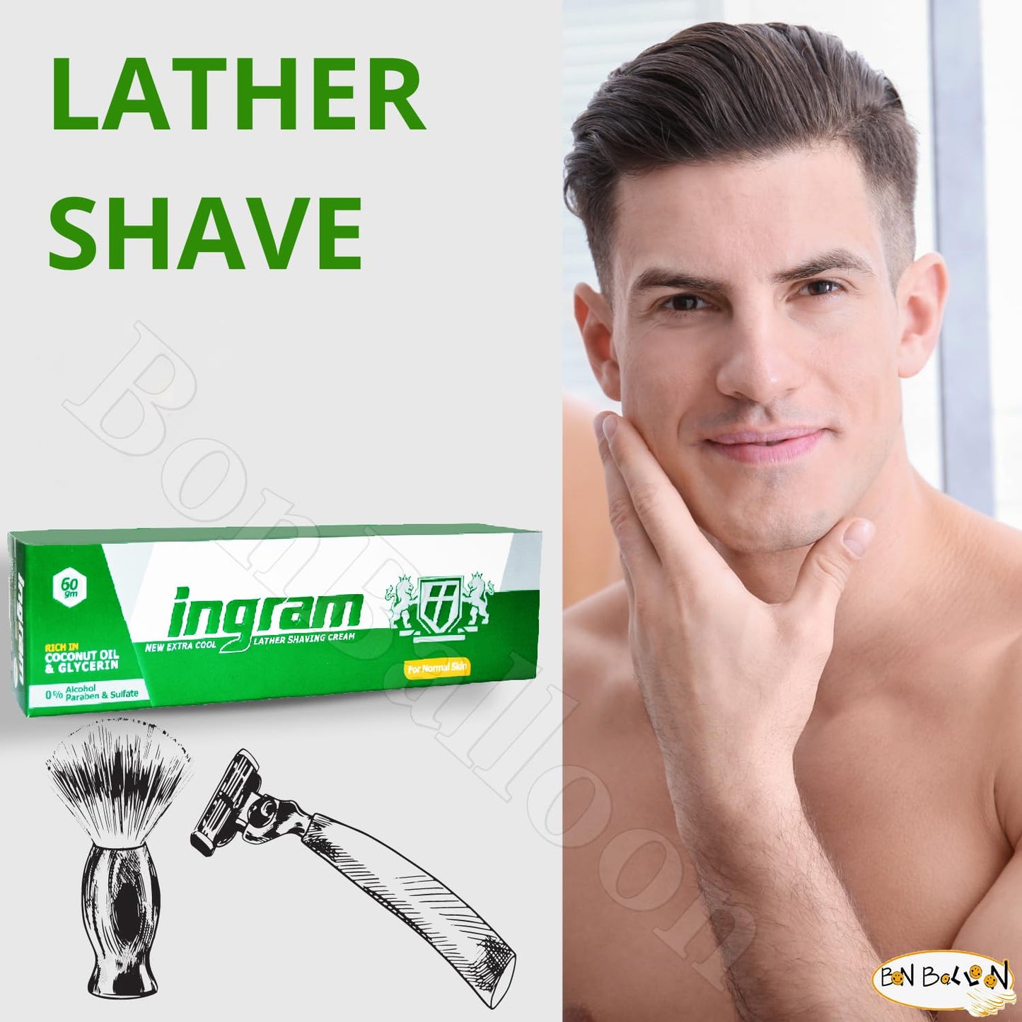 Ingram New Extra Cool Lather Shave Cream Shaving (1 Tube = 2.11 oz / 60 gm) Glycerin Coconut Oil Egypt Arab Egyptian Smoother And Closer Shave (4 Pack = 8.46 oz / 240 gm) كريم حلاقة إنجرام الأخضر