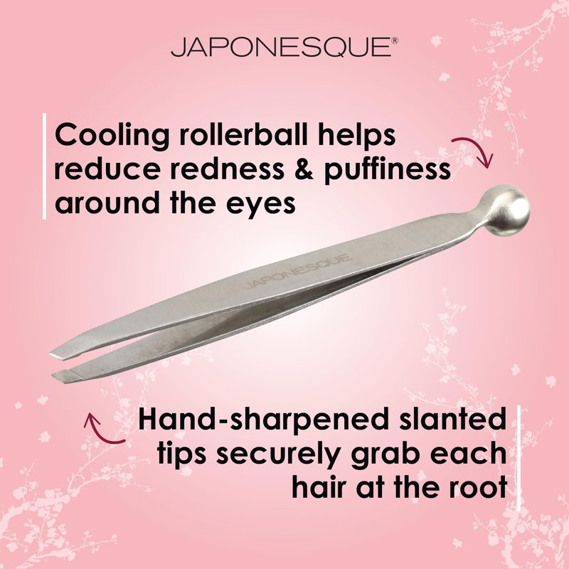 JAPONESQUE Shape & Soothe Tweezer, 2-in-1 Tool, Slant Tweezer for Shaping & Defining Brows & Eye Soother for Reducing Puffiness