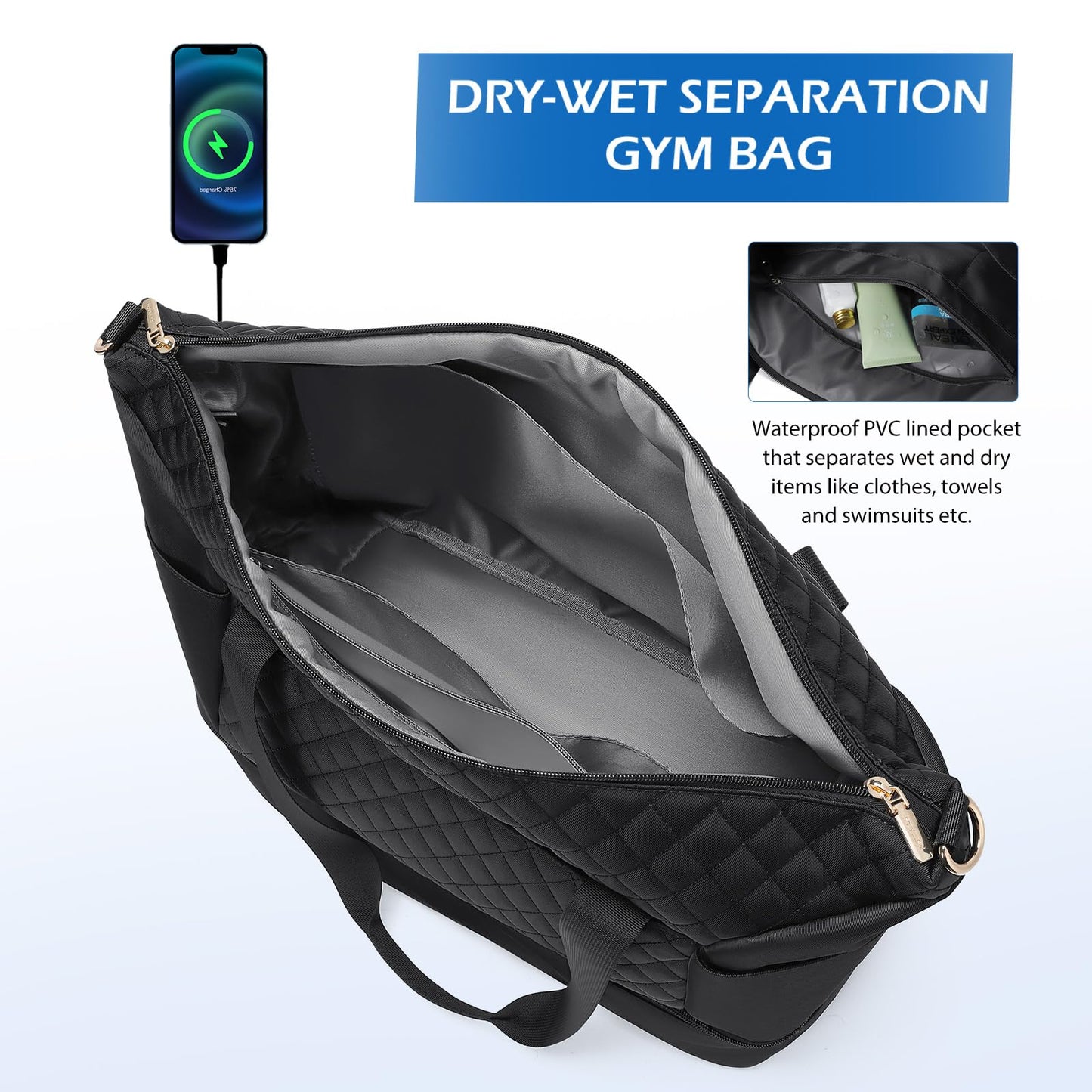 MDODO Travel Duffel Bag for Women Weekender Overnight Carry on Tote with Shoe Compartment Wet Pocket for Business Trips Travel Sports Gym Yoga Hospital, 3 Pcs Set, 43L, Black, Water-Resistant Nylon