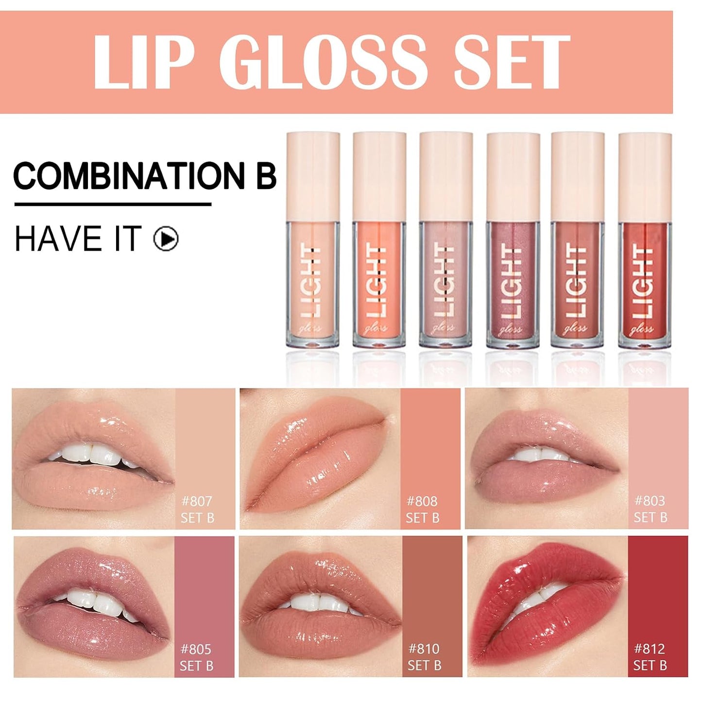 Light Lip Gloss Set - 6PCS Nude Pink Lip Gloss Kit | Moisturizing & Plumping Formula for Women & Girls