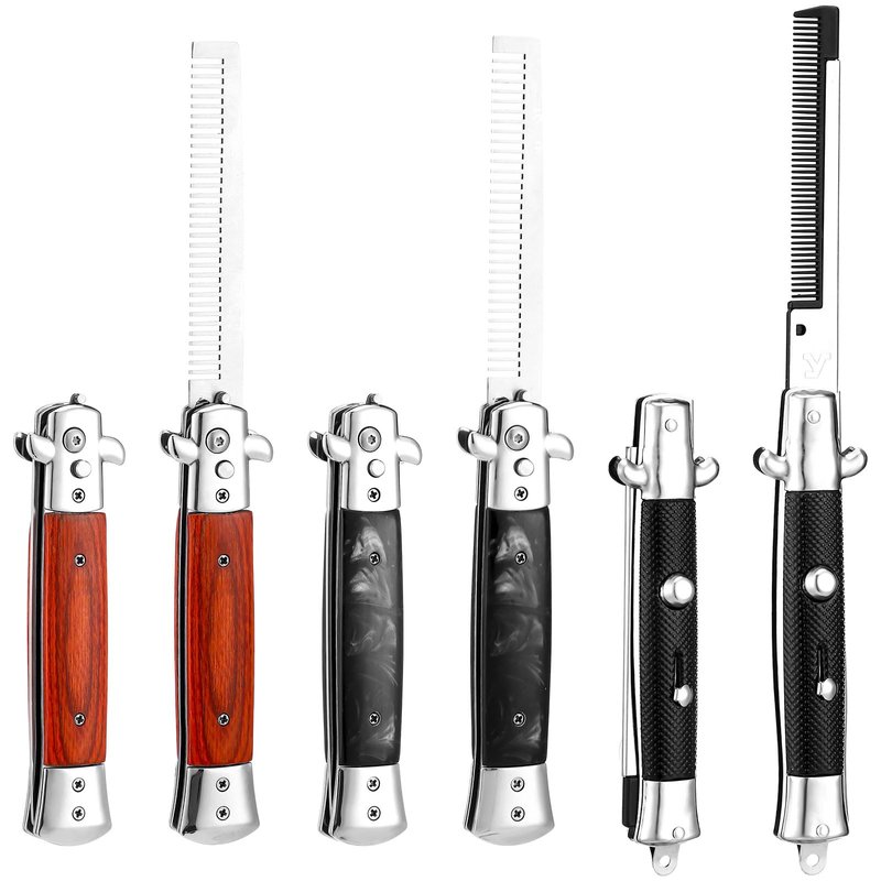 Zhehao 3 Pieces Folding Hair Comb Set - Wood Grain Switchblade Comb Pocket Knife Hair Brush Automatic Push Button and Stainless Steel Switch-blade Folding Pocket Combs for Men Grooming Travel Outdoor
