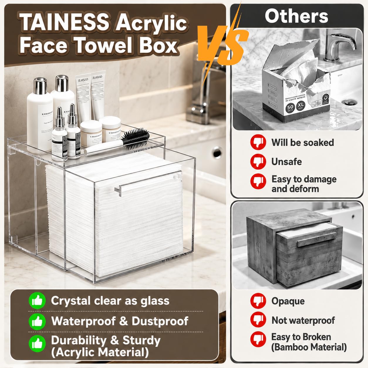 TAINESS Acrylic Disposable Facial Towels Holder, Wall-Mounted, Clear