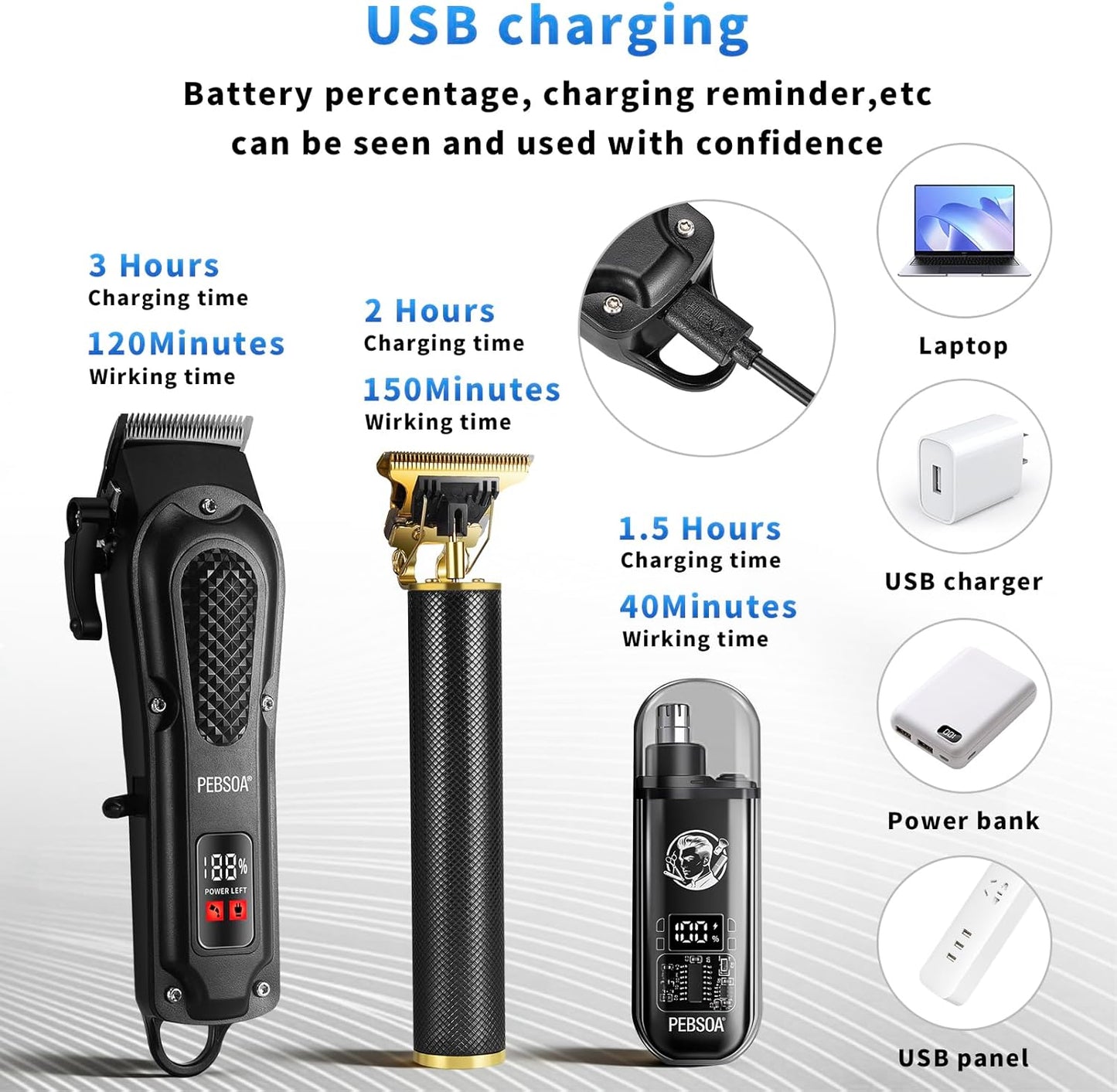 Professional Men's Hair Trimmer Set - Cordless Clippers with T-Shaped & Nose Hair Trimmer | LCD Battery Display, Black
