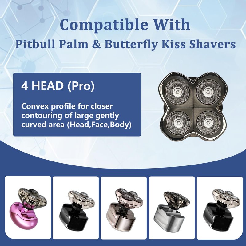 Pro 4Head Replacement Blade Compatible with S-Kull Pit-Bulls Gold PRO, Silver PRO, Platinum PRO, Butterfly Kiss PRO Head Shavers, German Stainless Blades, Floating 4 Heads for a Fast (1Pack) (2Pack)