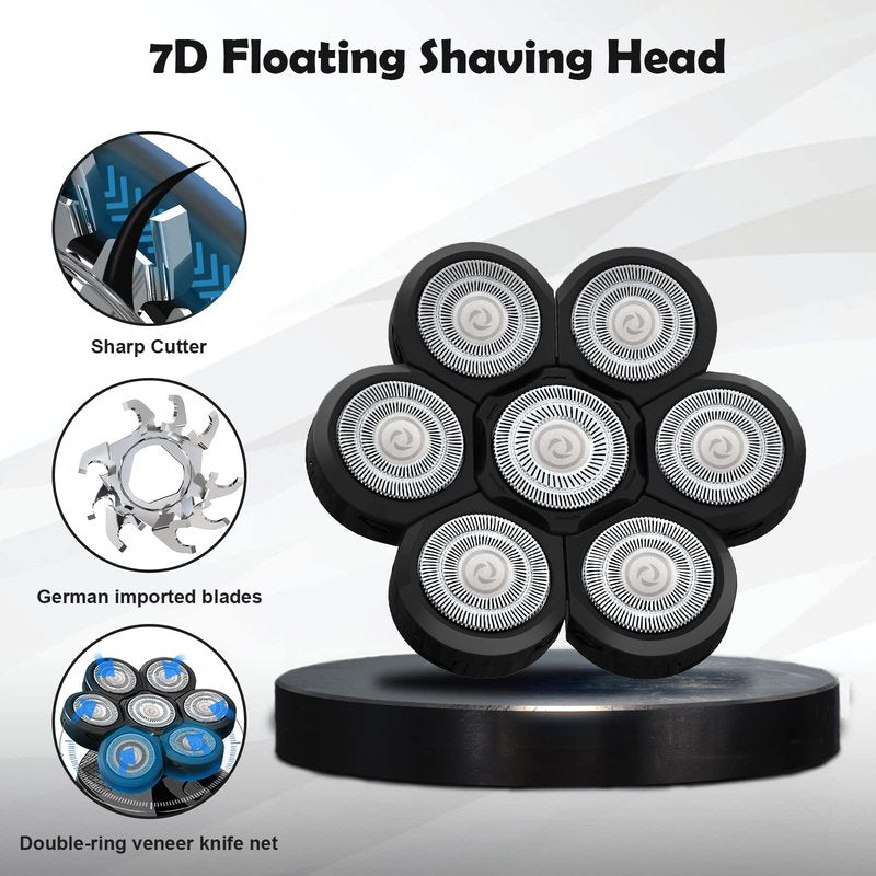 Electric Shaver Replacement Heads 7D - 7 Replacement Blades Head Razor Head Universal Stainless Steel Rotary Blade for Bald Razor for Men (7 Heads Black)