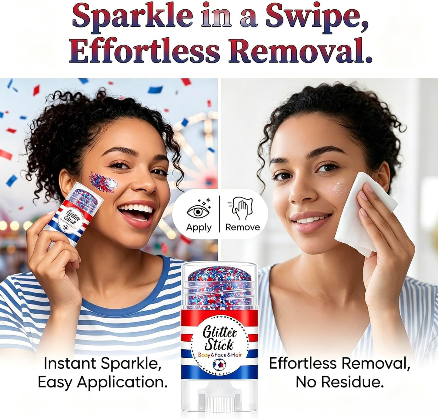4th of July Glitter Stick - Patriotic Red, White & Blue Body Glitter for Independence Day Celebrations | Perfect for Outfits & Decorations