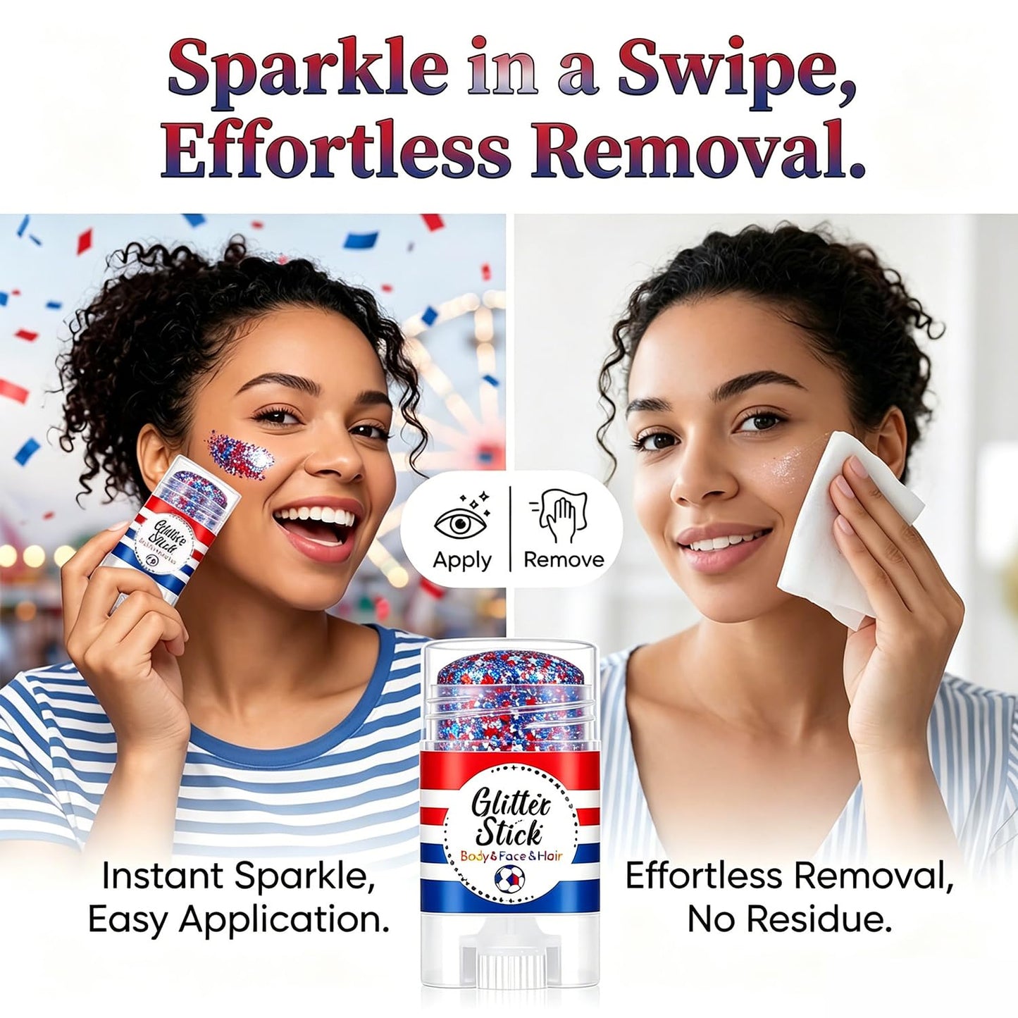 4th of July Glitter Stick, Red White and Blue Glitter Stick, Body Glitter, Patriotic USA Flag Makeup for Independence Day & 250 Anniversary, Fourth of July Decorations, 4th of July Outfits for Women