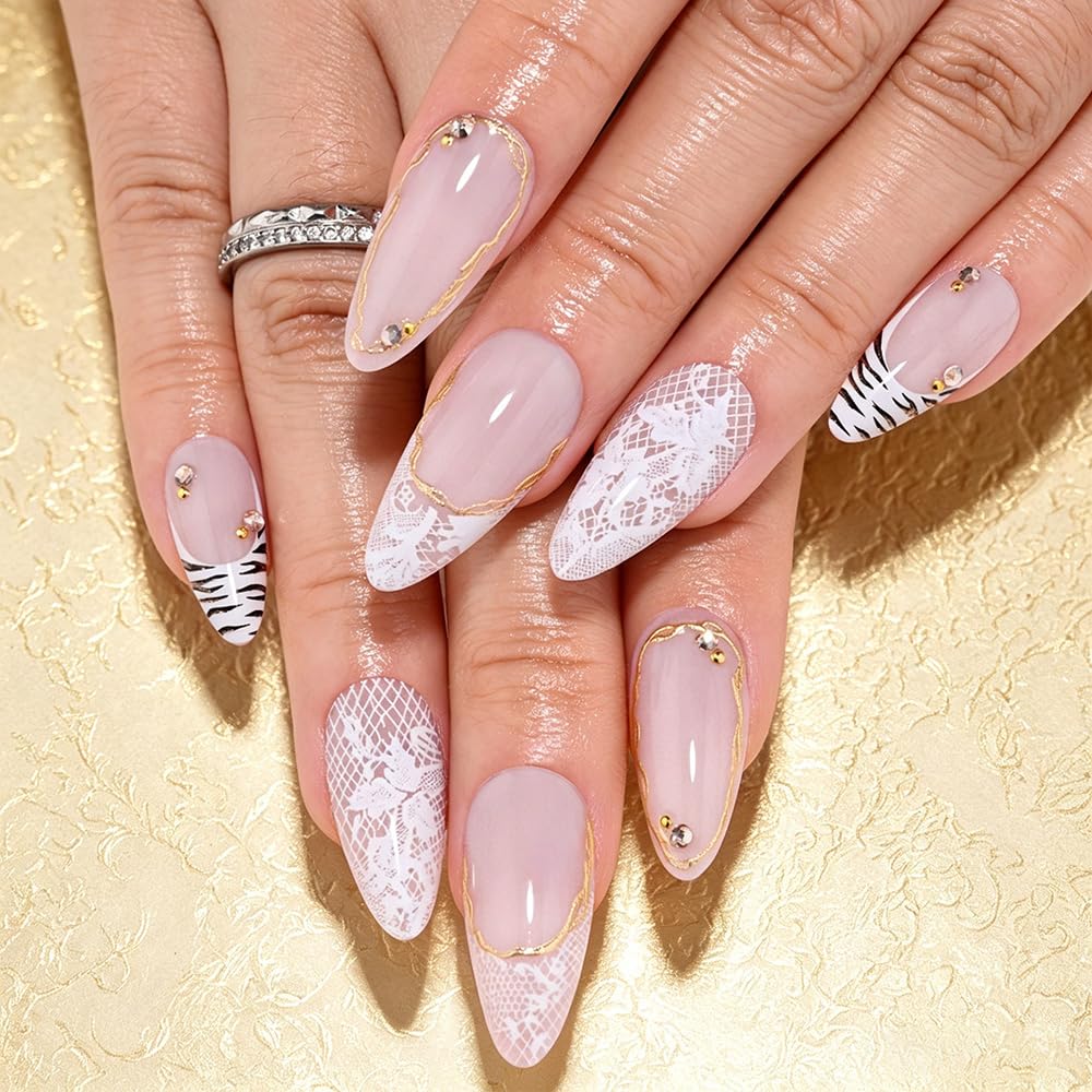 3D Gold Line French Tip Press-On Nails - Short Almond Glitter Light Nude | Handmade Acrylic Nails with 3D Pearl Designs