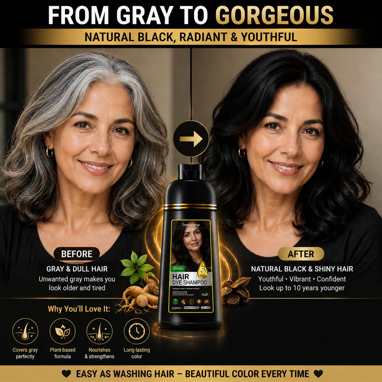 Hair Dye Shampoo 5 in 1 for Gray Hair, Herbal Hair Color Shampoo for Women & Men, Semi Permanent Hair Dye Shampoo with Hair Care & Nourishment, Easy Gray Coverage, 500ml (Natural Black)