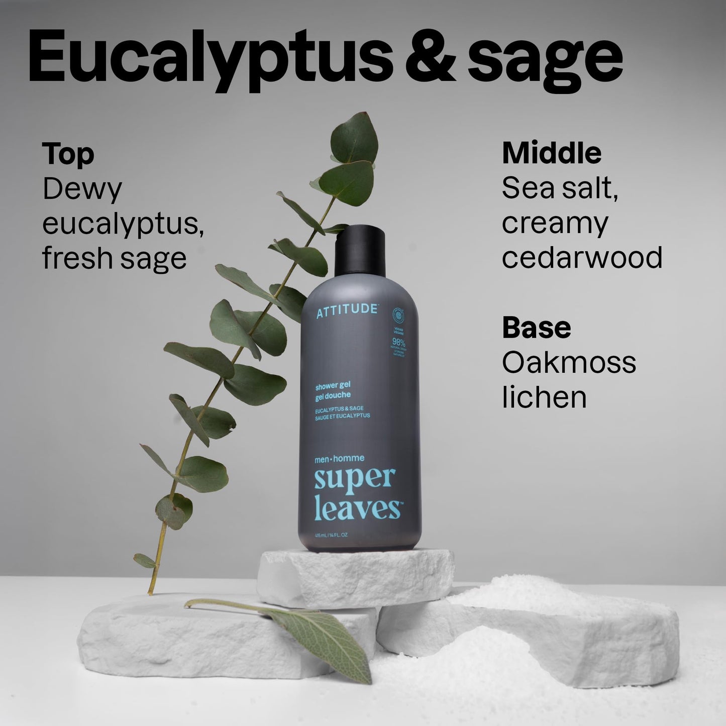 ATTITUDE Shower Gel Body Wash for Men, 98% Natural Origin Ingredients, Paraben & Phthalate Free, EWG Verified, Cleanses Without Drying, Eucalyptus & Sage,14 Fl Oz