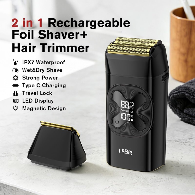 HiBig Professional Double Foil Shavers for Men: 2-in-1 Electric Razor for Men, Portable LED Display Cordless Close Beard Trimmer for Head Beard Neck, Technology & Precision Blades, Obsidian Black