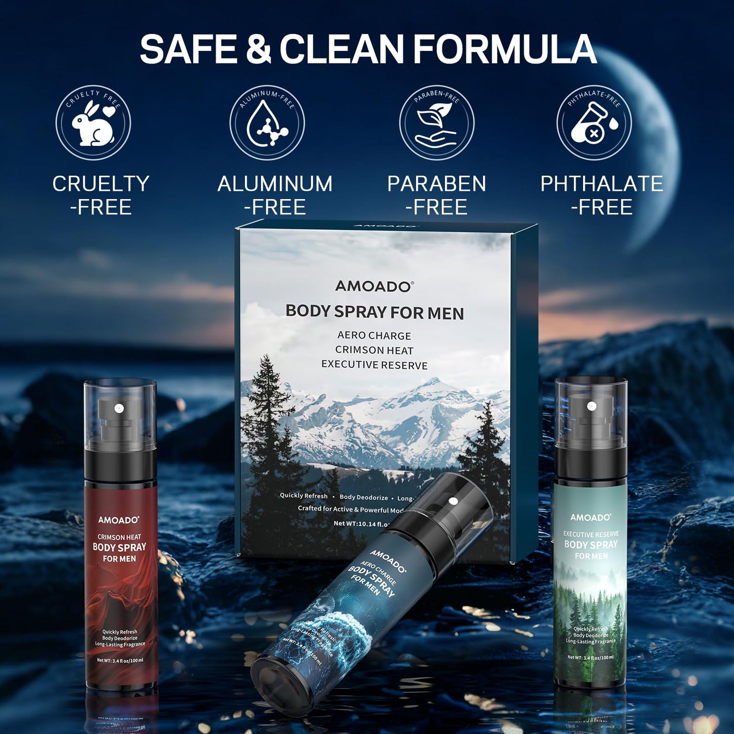 AMOADO Men’s Body Spray Set – Body Spray for Men,Deodorizing Body Mist Refreshing Spray, Aluminum-Free Cologne for Him, Oriental & Woody Scents,Each 3.4 fl oz