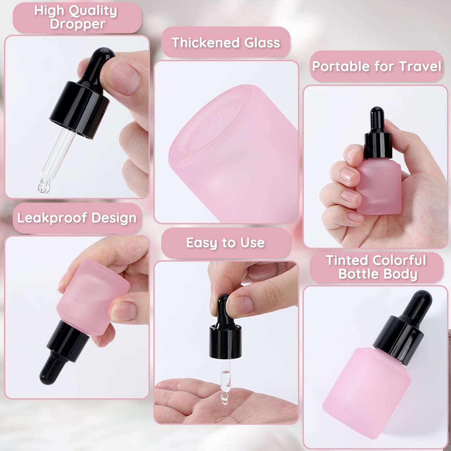 Segbeauty 0.5oz Frosted Glass Bottle with Dropper for Essential Oils, 15ml Small Travel Glass Dropper Bottle Refillable, 4pcs Pink Empty Travel Size Bottles for Hair Oils Liquids with Transfer Tool