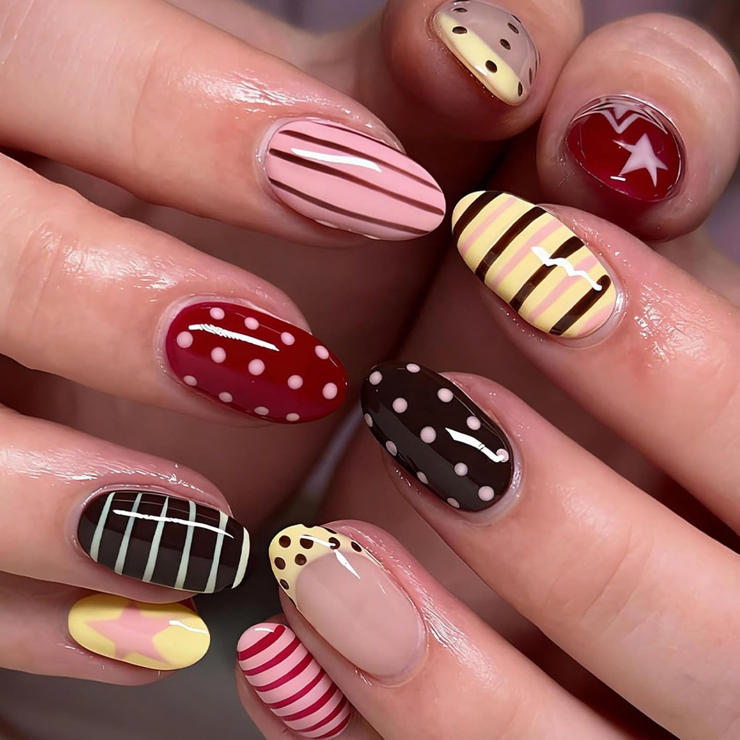 Press On Nails - Medium Oval Pink Fake Nails with Summer Designs | 24 Pcs Reusable Glossy Full Cover