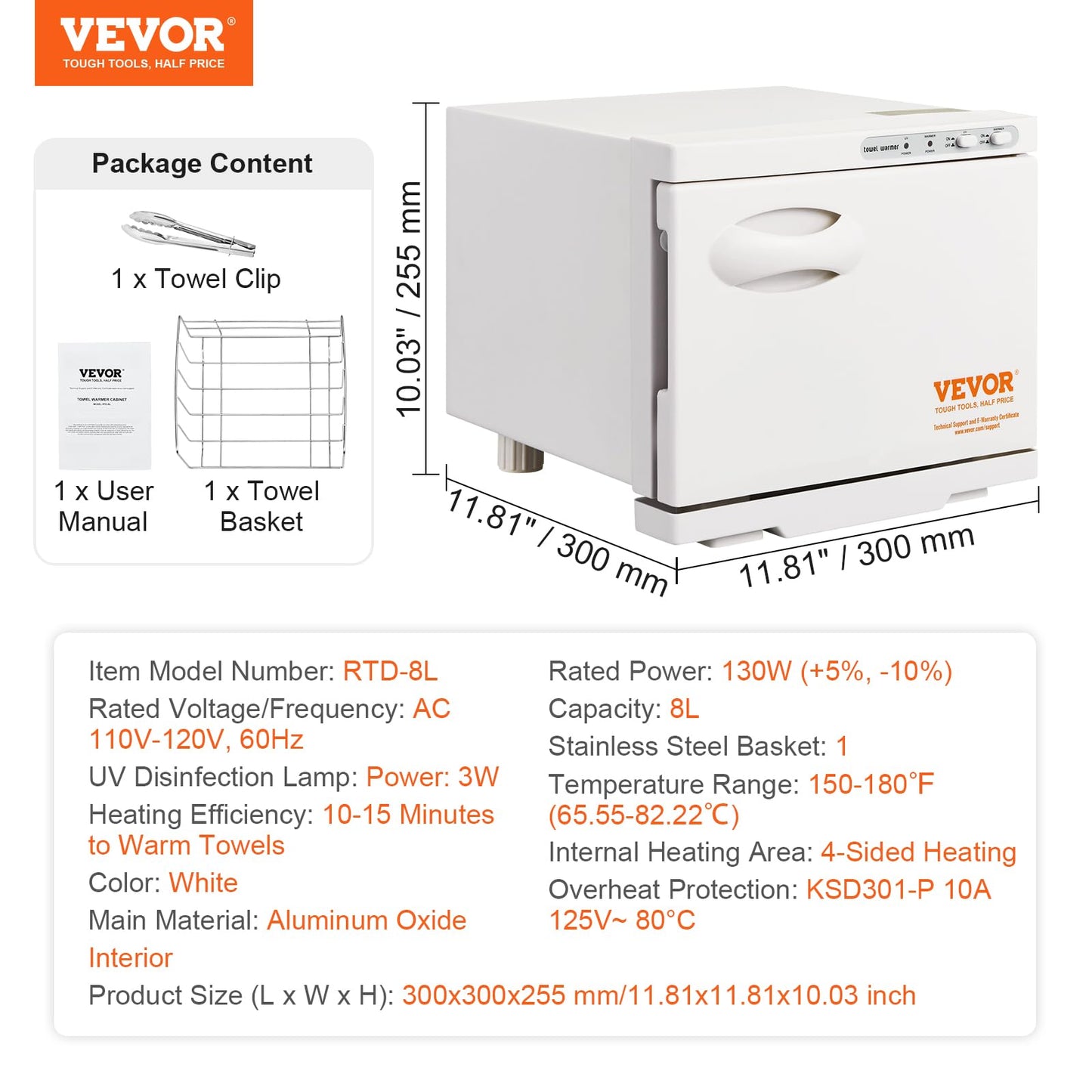 VEVOR Hot Towel Warmer, 8L Small Towel Warmer Cabinet with Clip & Stainless Steel Rack, Holds up 12 Towels, Portable All-Round Heating Cabinet for Spa, Barber, Manicures, Massage, Salon, White