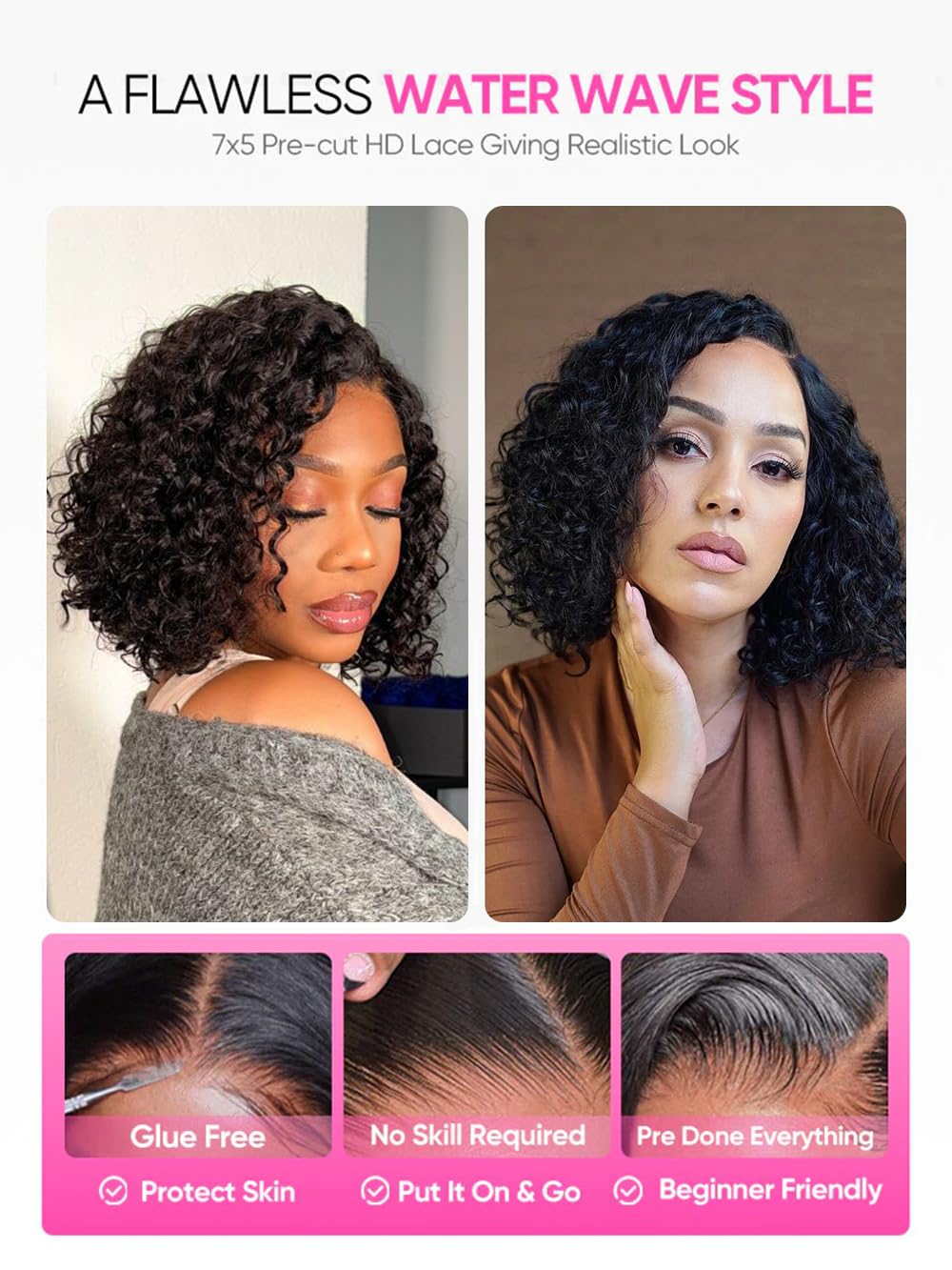 BLY Water Wave Bob Wig Human Hair 7x5 C Part Transparent Lace Wear and Go Glueless Wig Pre Cut Pre Bleached Knots 180% Density Short Wig for Women Natural Black 14 Inch