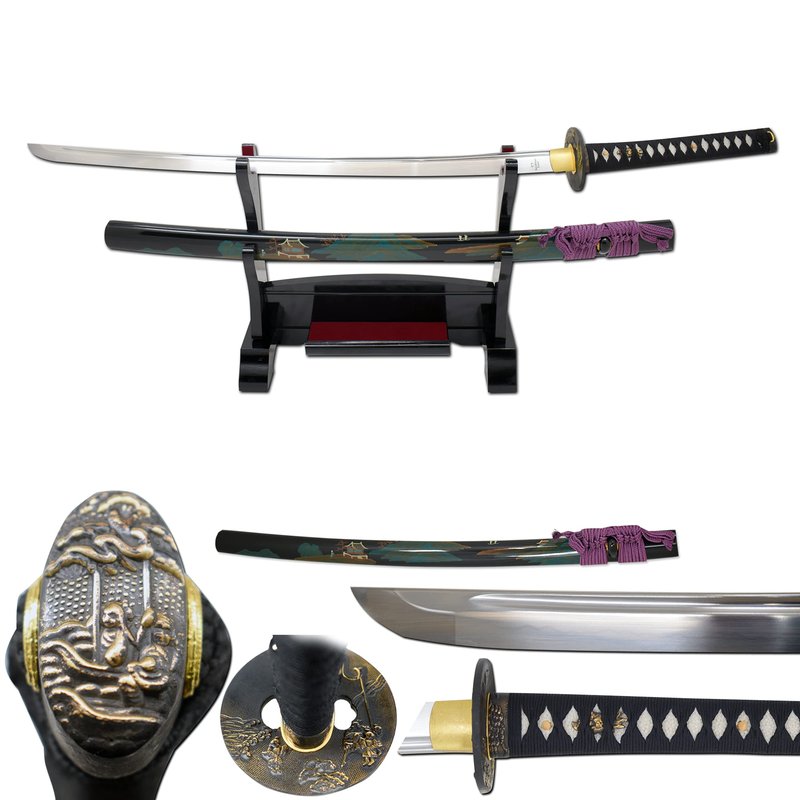Snake Eye Tactical Classic Japanese Samurai Katana Swords with Heavy Duty Wooden Stand- (0931)