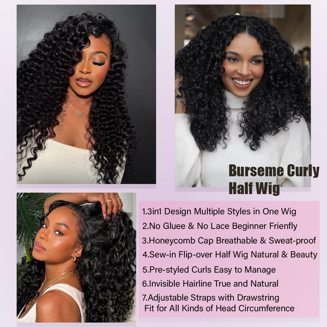 Burmese Curly Half Wig - 200% Density Human Hair | Glueless 14-Inch Flip Over & Drawstring Headband Wig for Beginners