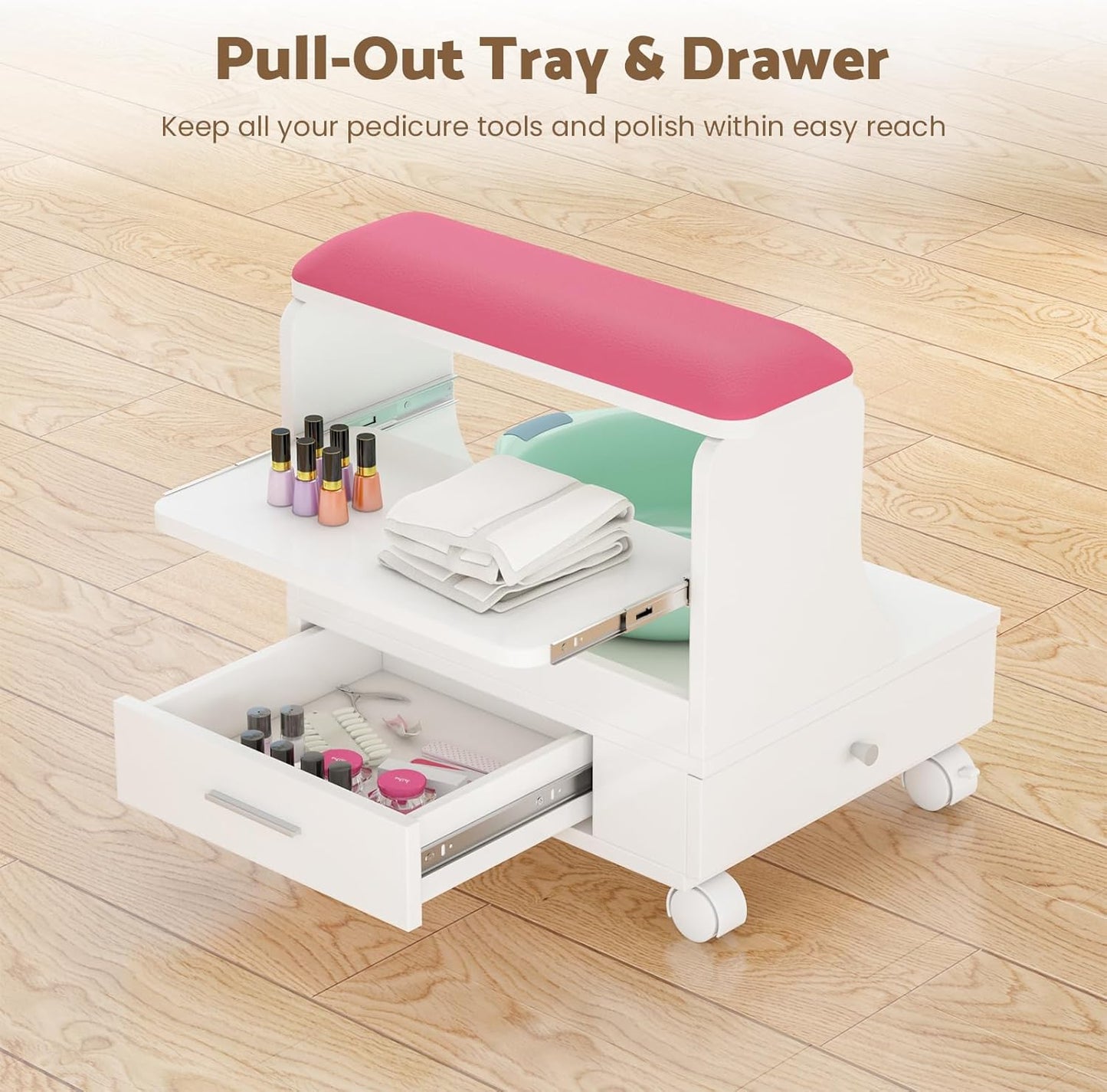 Rolling Pedicure Foot Rest Stool - PU Cushion Spa Station with Storage & Wheels | Pink
