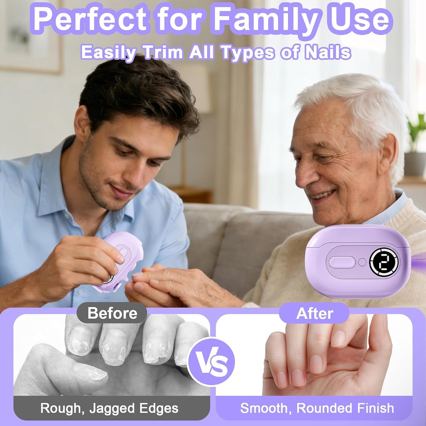 Electric Nail Clipper for Seniors - 4 in 1 Automatic Trimmer with Night Light & 9 Speed Polisher | Ideal for Elderly Care