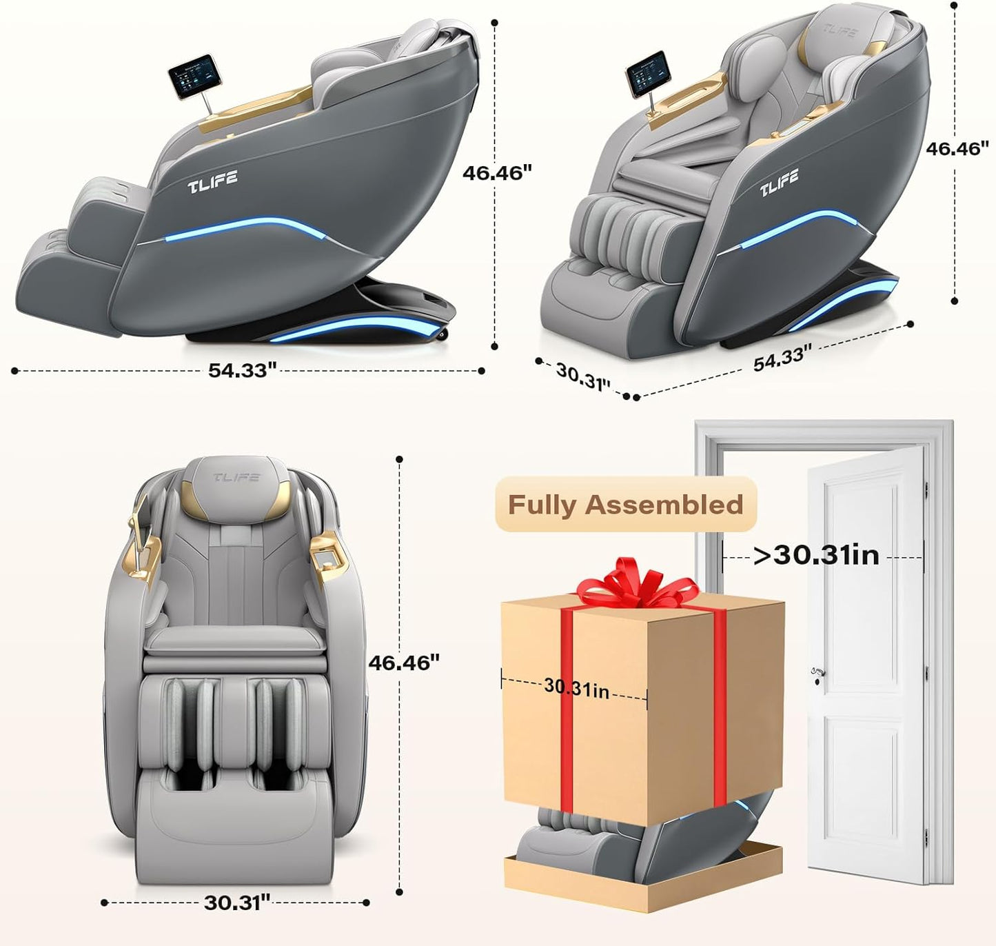 TLIFE Full Body Massage Chair - 160° Zero Gravity Recliner with Body Scan, 12 Auto Modes, Heating | Grey
