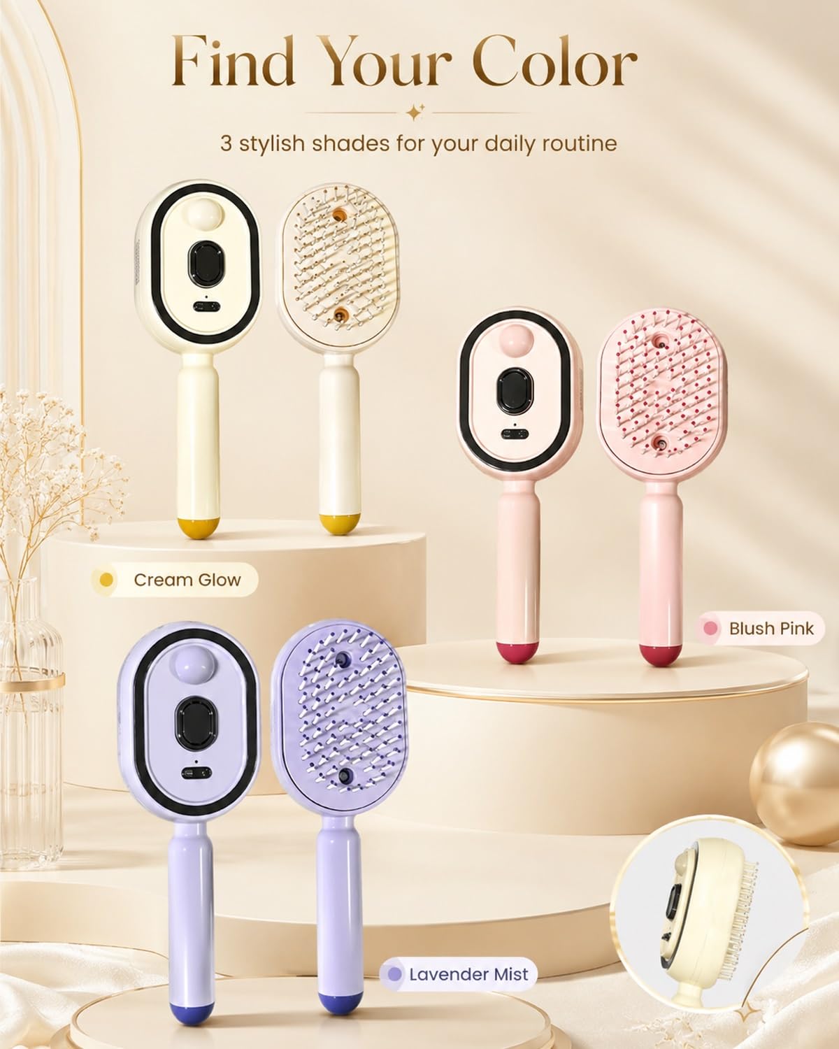 Electric Spray Massage Hair Brush 3 In 1 Self Cleaning Steaming Air Cushion Comb Mist Spraying Water Steam Handheld Hairbrush Steamer Liquid Misting Built Essential Oil Mister Wet Frizz