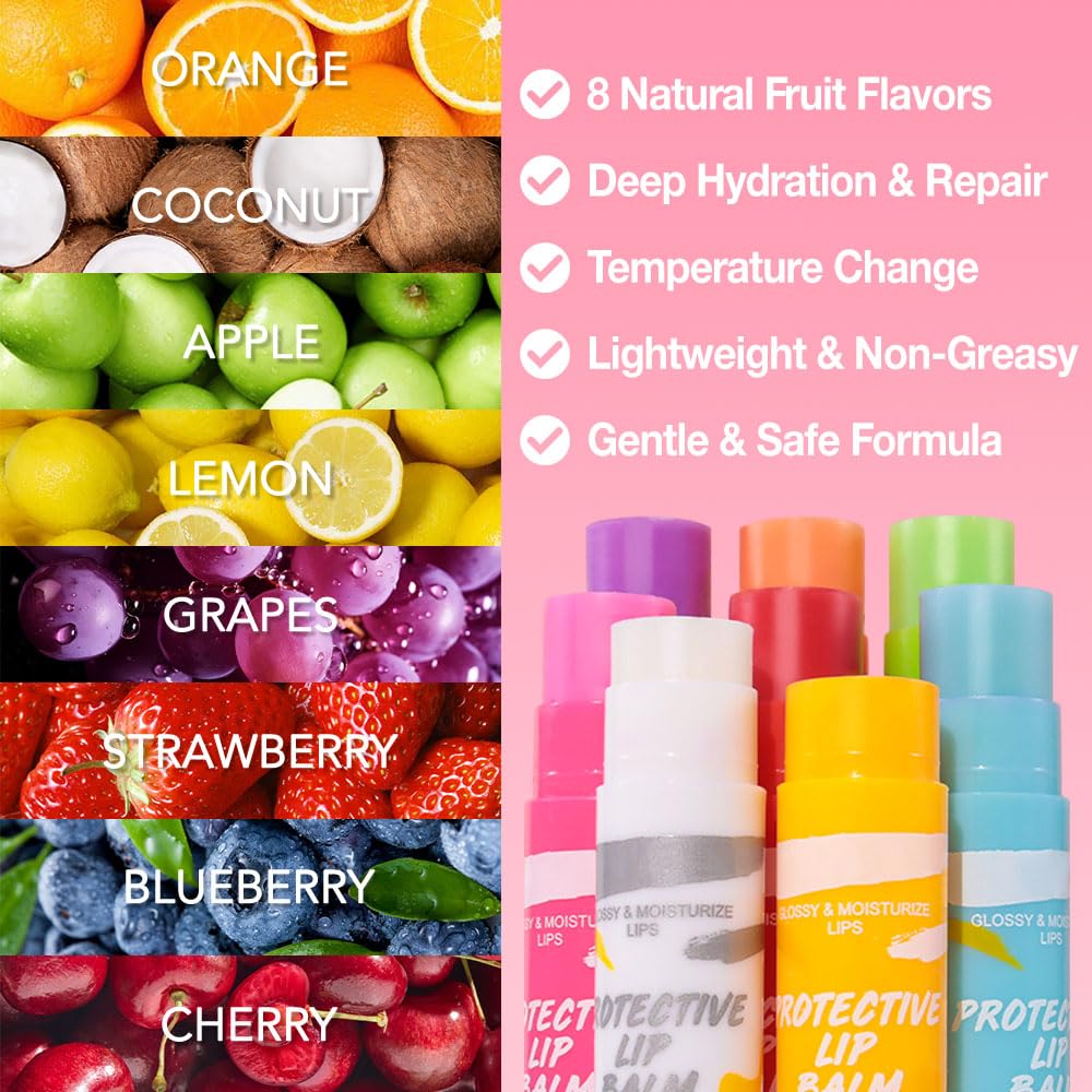 BINGBRUSH 8PCS Color Changing Lipstick Set, Moisturizing Long Lasting Waterproof Lipstick, Fruit Flavor Lip Tint Gloss, Hydrating Lip Color for Women