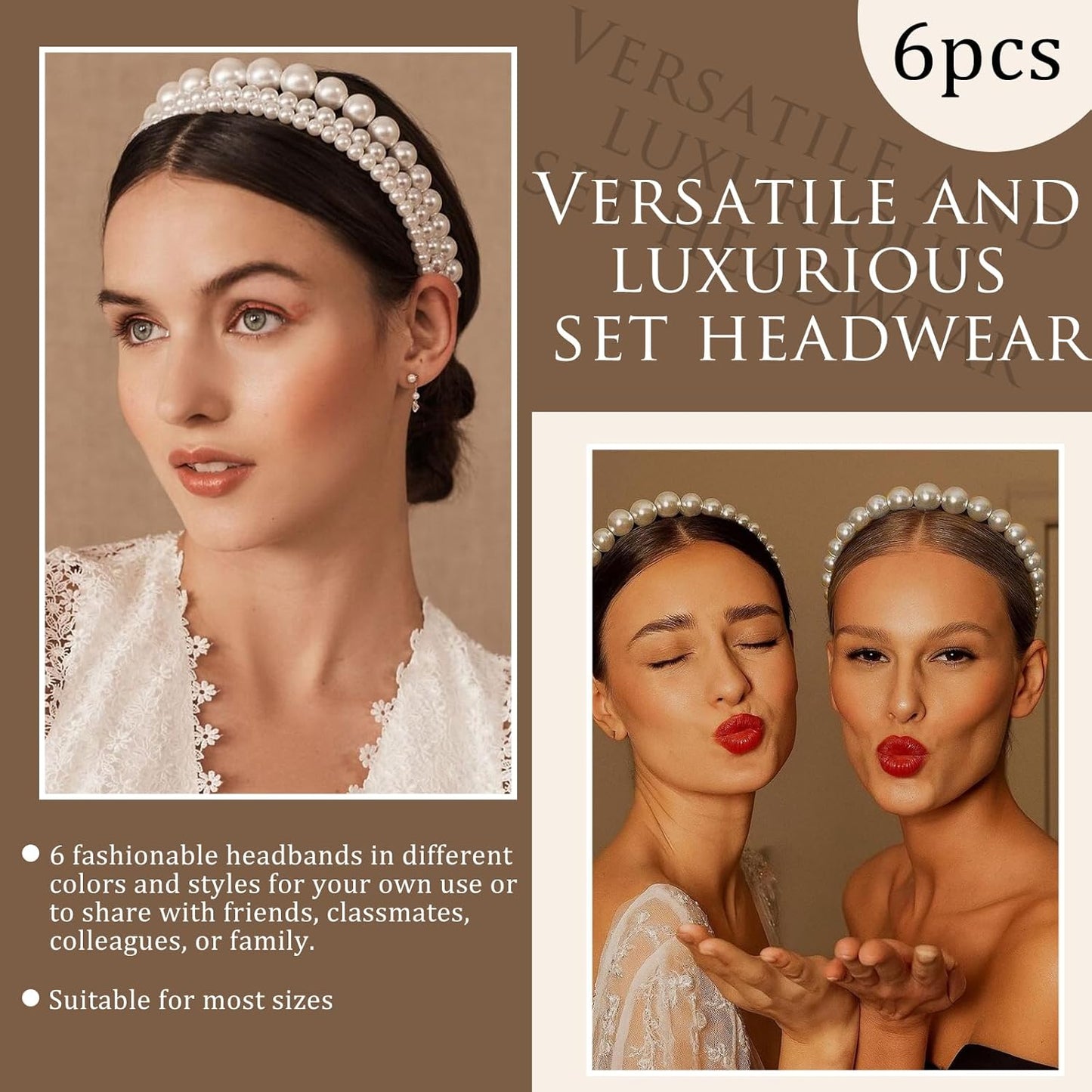 6Pcs White Pearl Headbands for Women | Dainty Bling Hairbands for Weddings & Events
