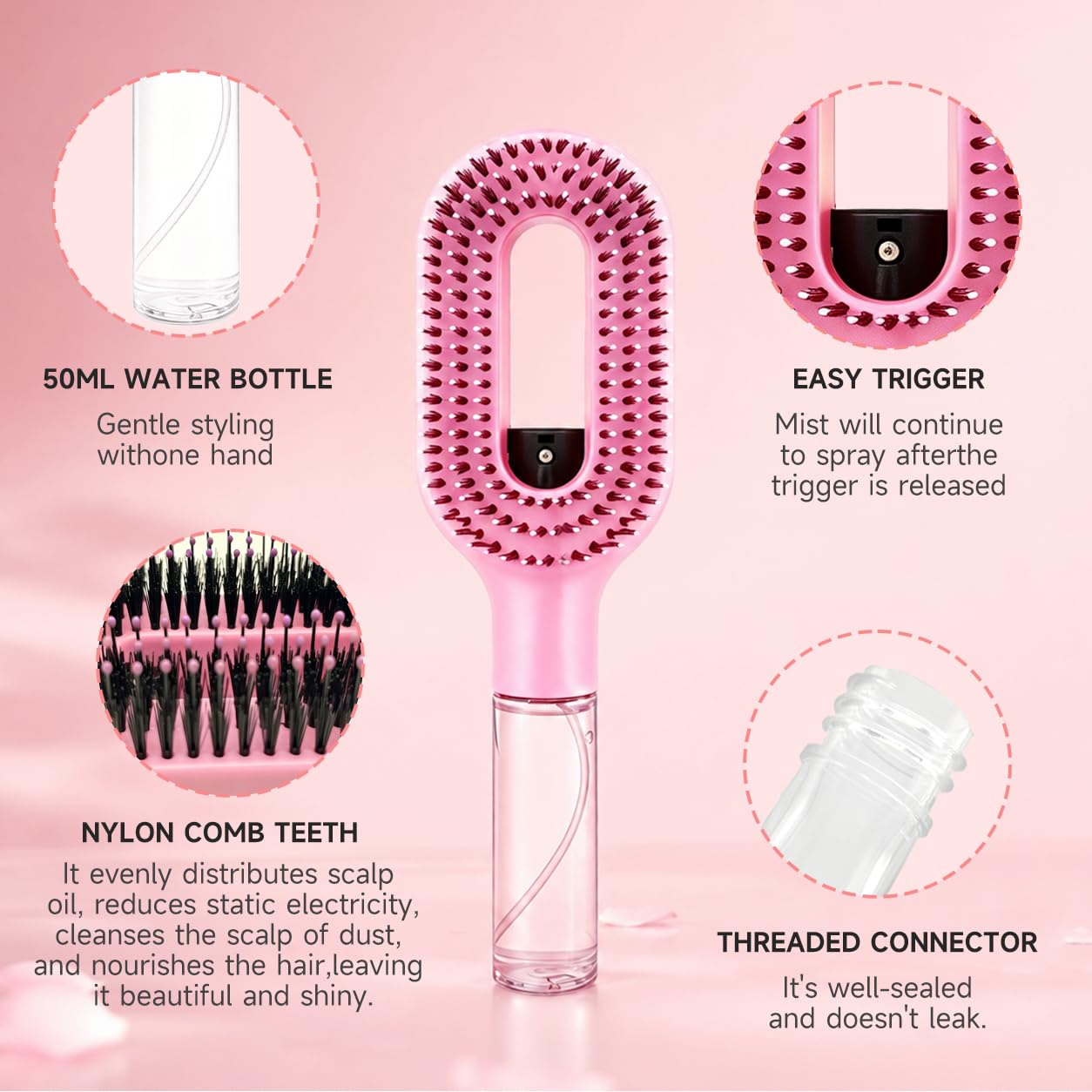 2-in-1 Manual Spray Hair Brush with Refillable Water Tank, Detangling Mist Comb for Fine Hair, Curly Hair and Kids, Travel Use, Pink