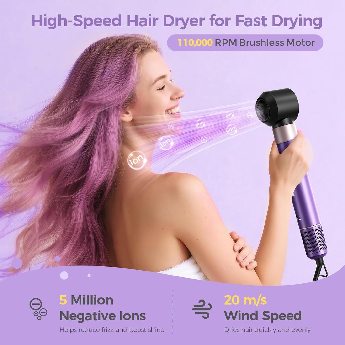 Vincofy 7-In-1 Blow Dryer Brush Set | Ionic Hot Air Styler for Fast Drying, Curling & Straightening - 1500W Power, Purple