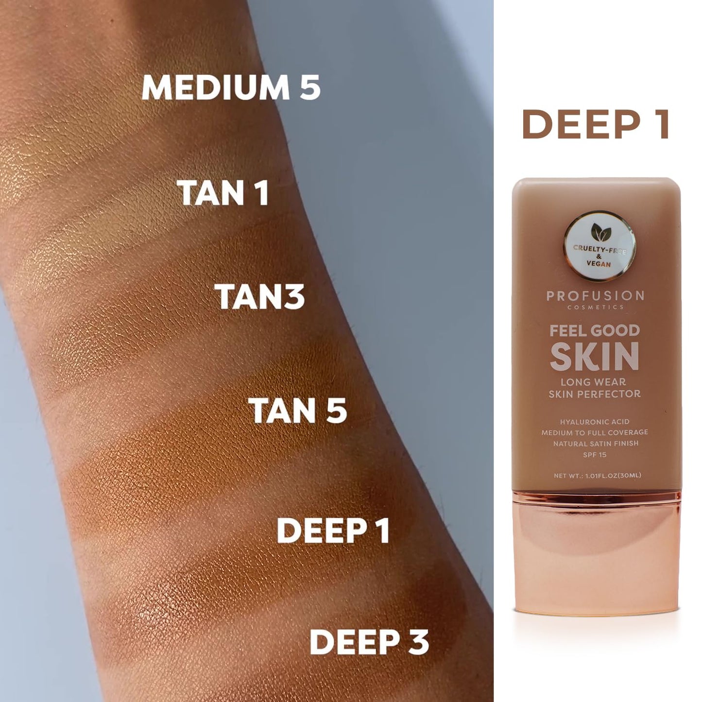 Profusion Cosmetics Lightweight Liquid Foundation - Flawless Radiance, Breathable Vegan Makeup for Uneven Skin Tone | Deep 1