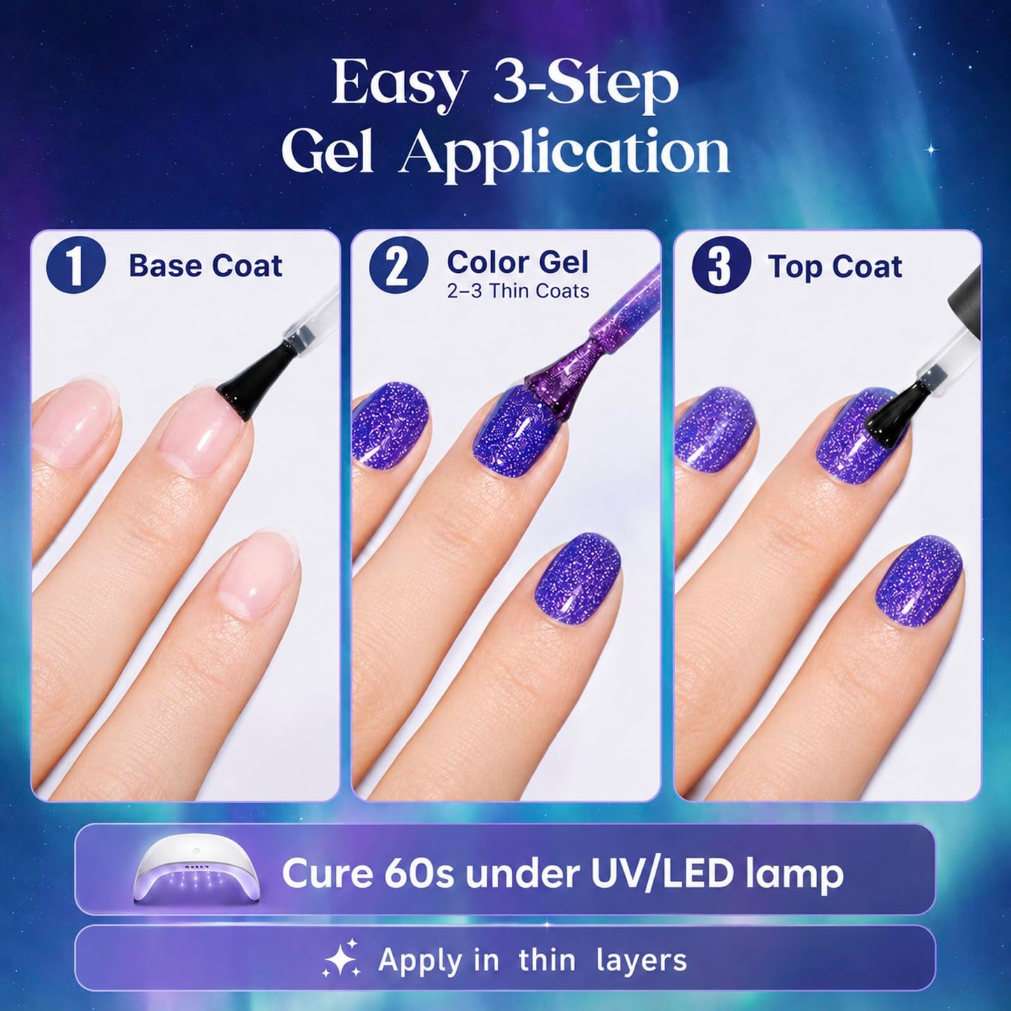 Beetles Glitter Gel Nail Polish Set, Kaleido Galaxy 6 Colors Chameleon Shimmer Gel Polish, Blue Green Purple Sparkle Soak Off UV LED Gel Polish for DIY Nail Art Manicure