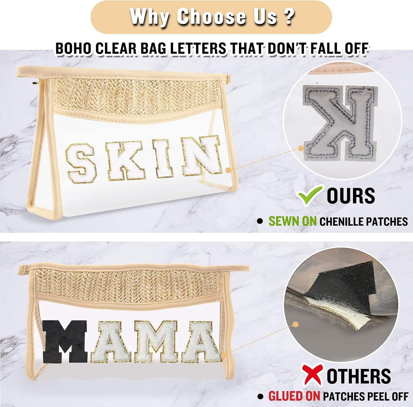 Clear Makeup Letter Patch Bag - Boho Transparent Toiletry Pouch | Small Waterproof Cosmetic Organizer for Women