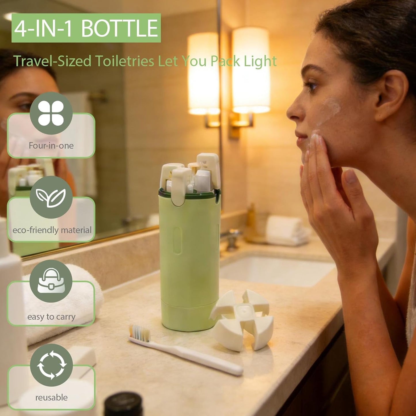 Travel Dispenser Bottle Set - 4 in 1 Leak Proof 30ml Toiletries Containers with Cleaning Brush | Perfect for Shampoo, Conditioner & Travel