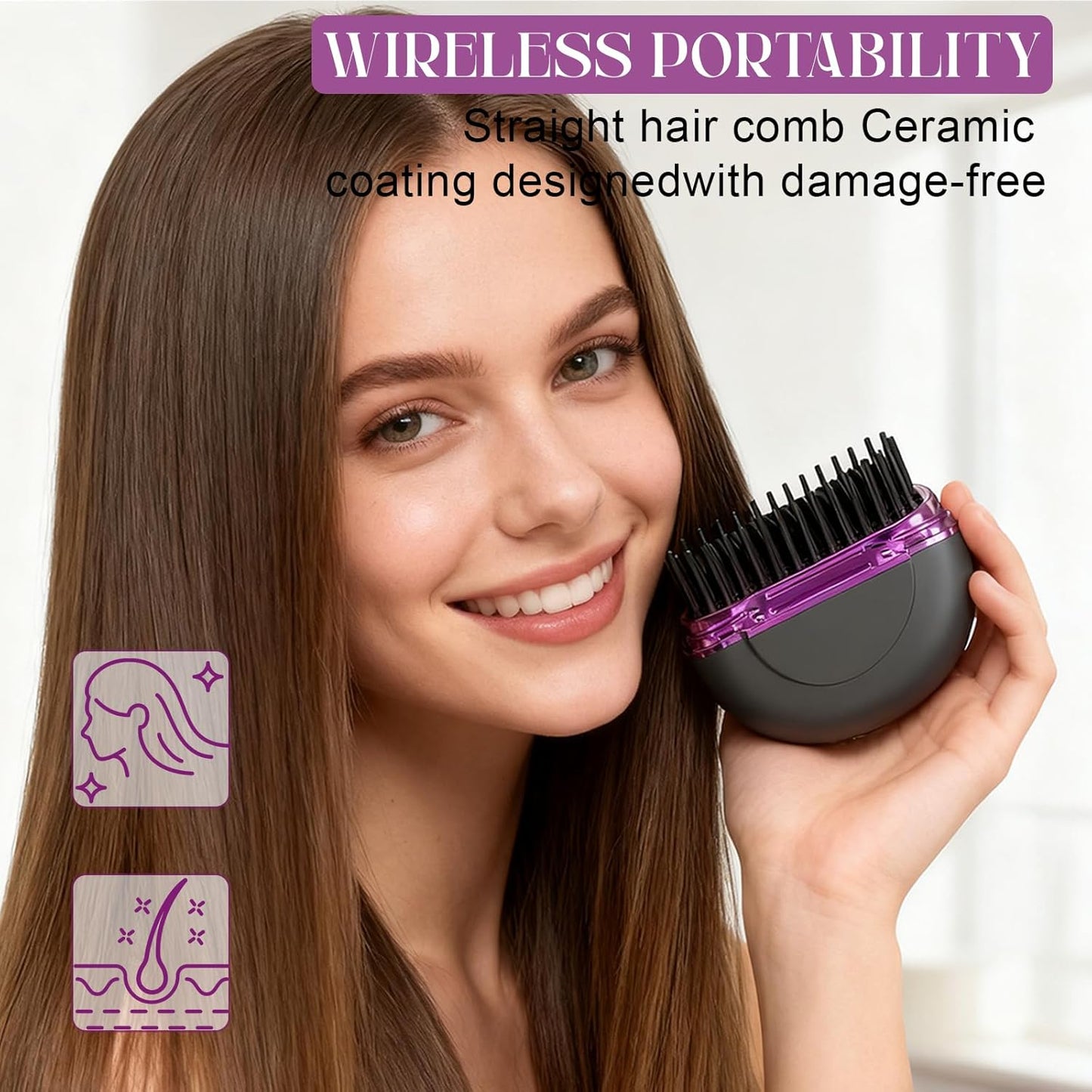 Mini Hair Straightener - Portable Rechargeable Hair Straightener Brush with 3-Speed Temperature Control | Travel-Friendly Design (Black)