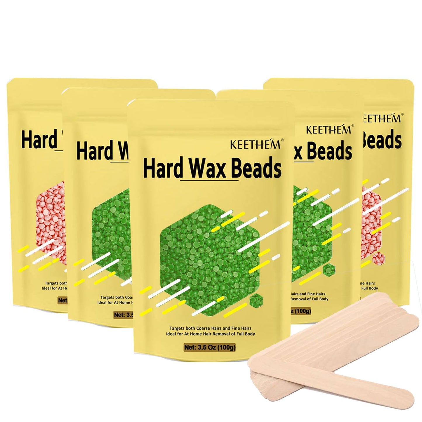 Keethem Wax Beads for Hair Removal - 5 * 100g/17.6 oz Wax Beads Waxing at Home for Sensitive Skin Women - Hard Wax Beads with 20 sticks, Bikini Brazilian Body Face Wax