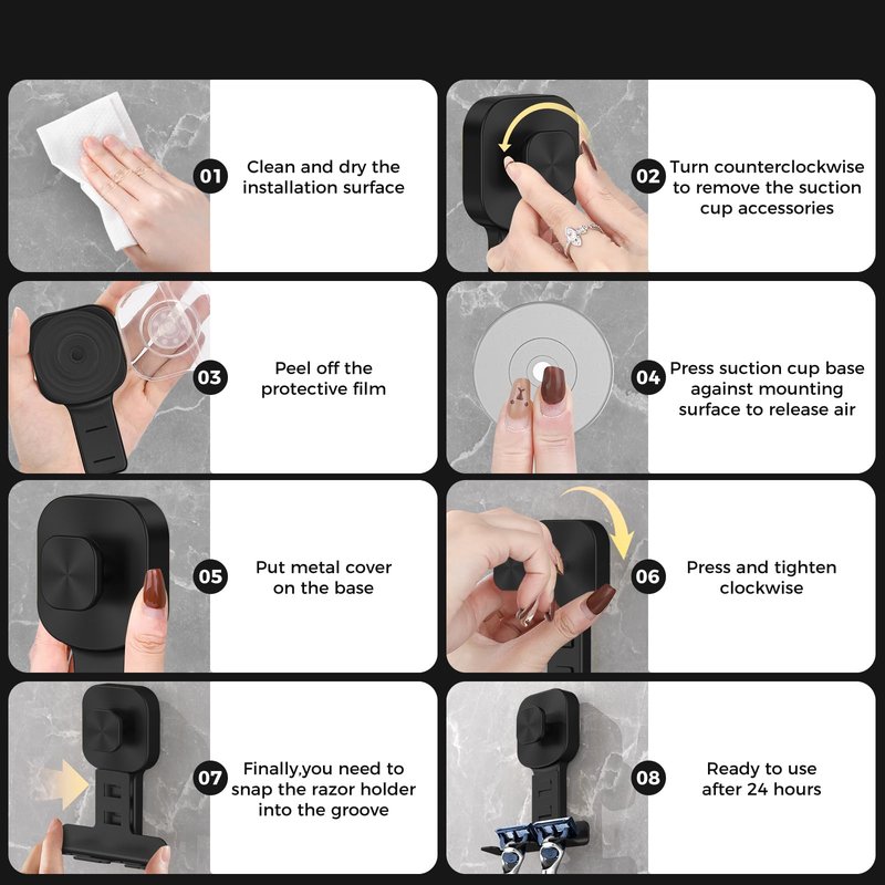 BKV Suction Cup Razor Holder for Shower,Reusable Shaver Holder for Shower,Stainless Steel Bathroom Suction Hooks for Towel,Loofah,Shaver,Damage Free Install & Remove-Black(2 Pack)