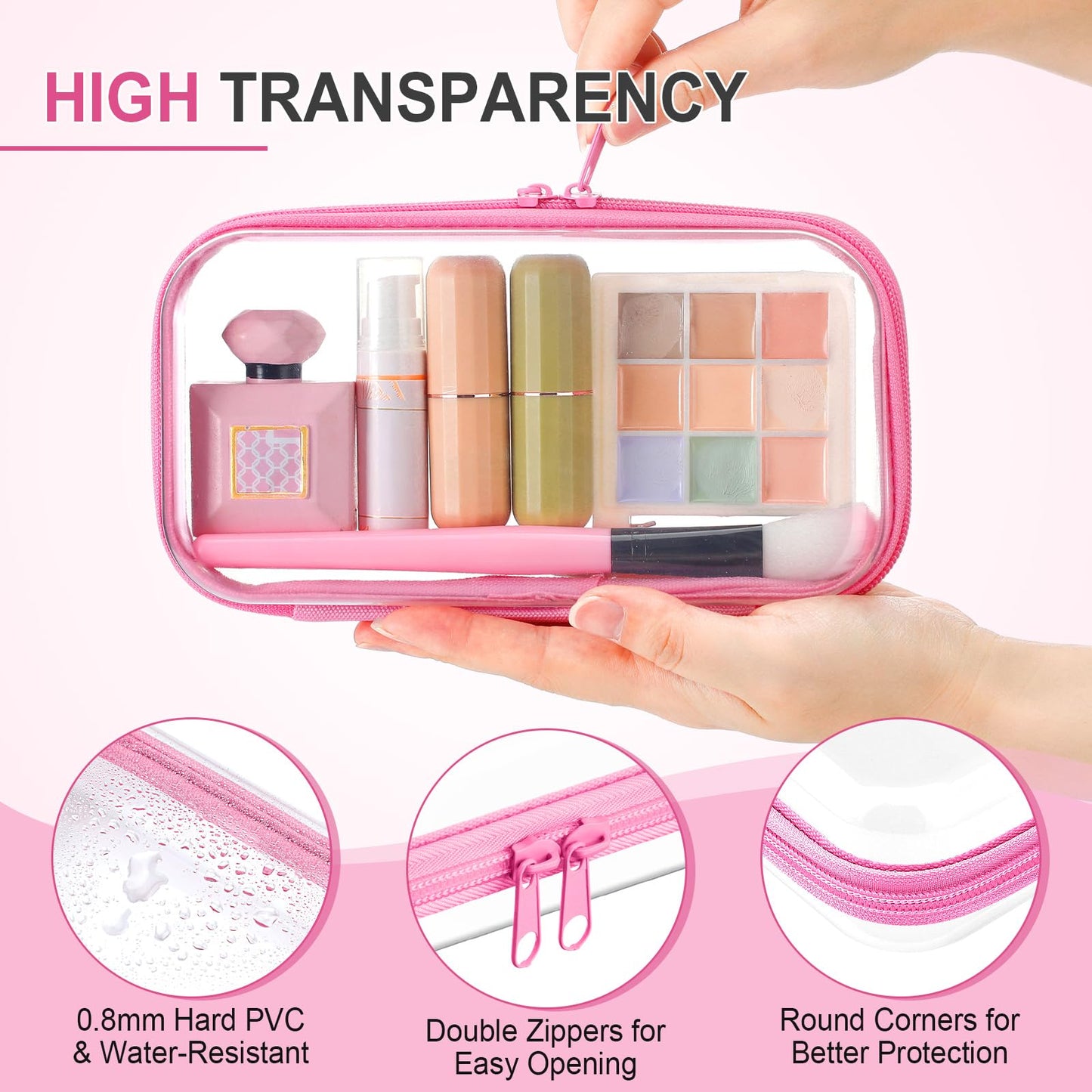 Hoolerry 4 Pcs Hard Clear Zipper Case Makeup Bags Plastic Zipper Pouch Transparent Storage Box Containers for Cosmetics, Snacks, Building Blocks, Puzzles(Clear,7.5 x 3.9 x 2 in,Pink)