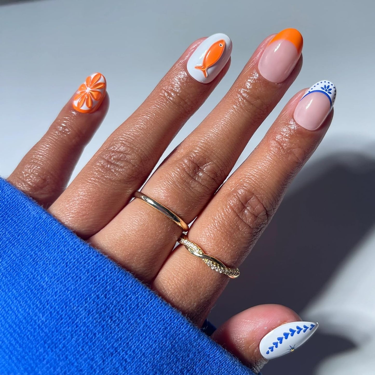 Glamnetic Press-On Nails - Short Almond Bright Orange Design | 30-Piece Summer Nail Kit with Glue, 15 Sizes