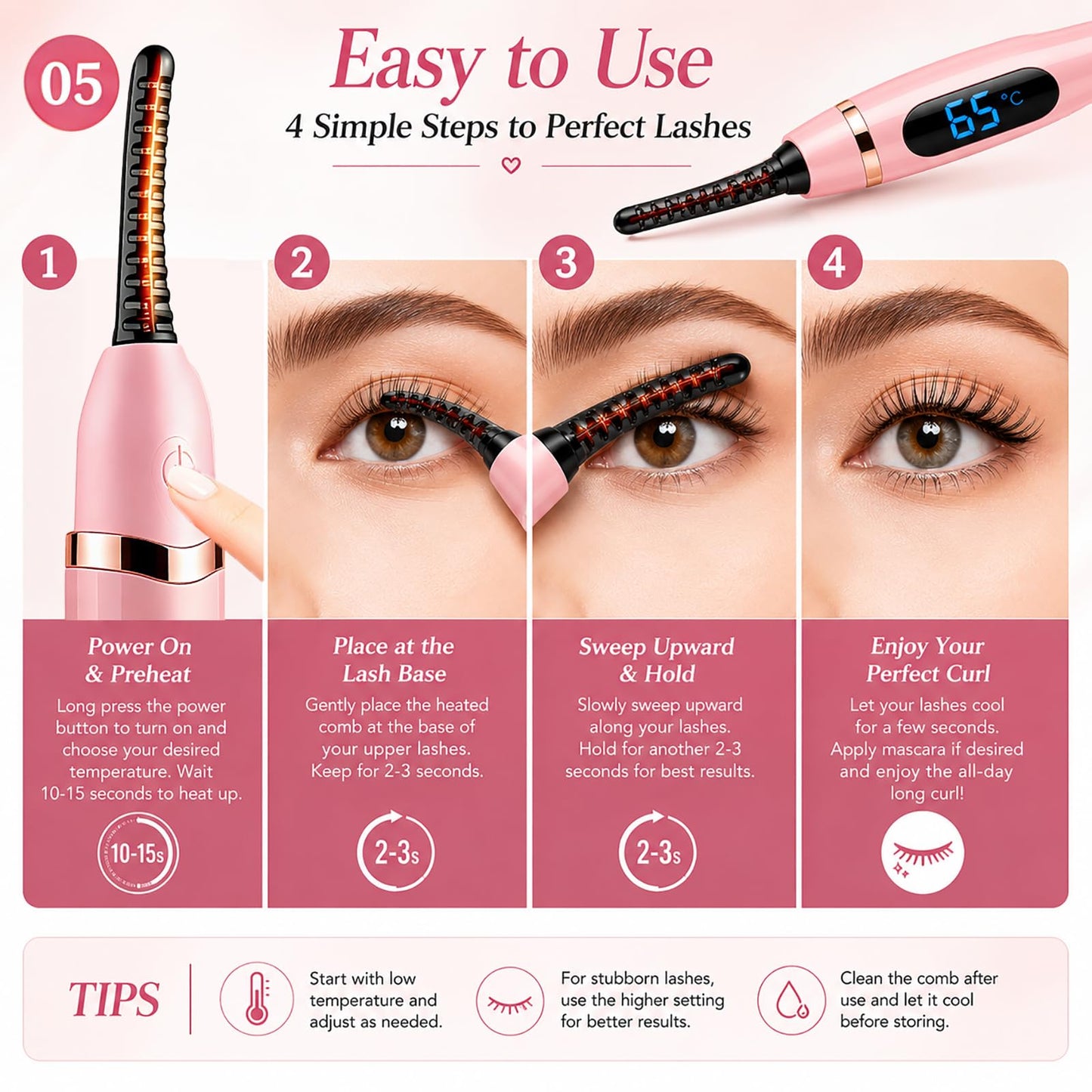 Heated Eyelash Curler - Heated Lash Curler Electric Eyelash Curler 3 Temp Settings for Makeup Tools for Achieving A Natural Curl and Long Lasting Eyelashes, Designed for Women, Pink AA