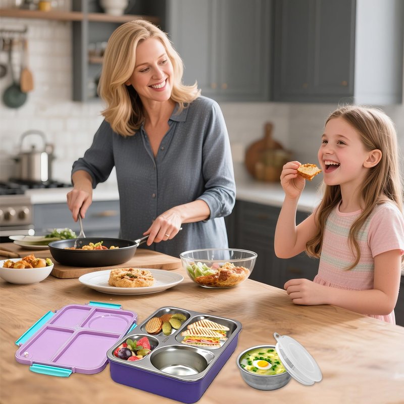NaTuGi Kids Stainless Steel Lunch Box,304 Stainless Toddler Leak-Resistant Insulated Bento Box,Suitable For Schools,Office,Use Comes With An Independent Soup Cup,Tableware,4 Compartments (Purple)
