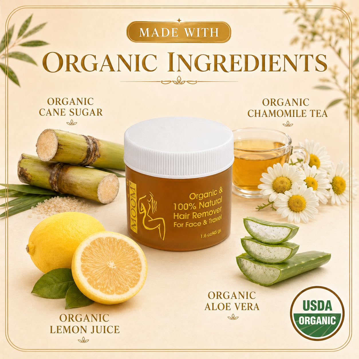 MOOM Facial Sugar Wax Hair Removal Kit Travel Size - Eyebrow Wax for Chin, Lip & Facial Hair Removal - Sugaring Wax with Tea Tree Oil, 1.6 oz wax Jar with 6 Reusable Wax Strips & 2 Applicator Sticks
