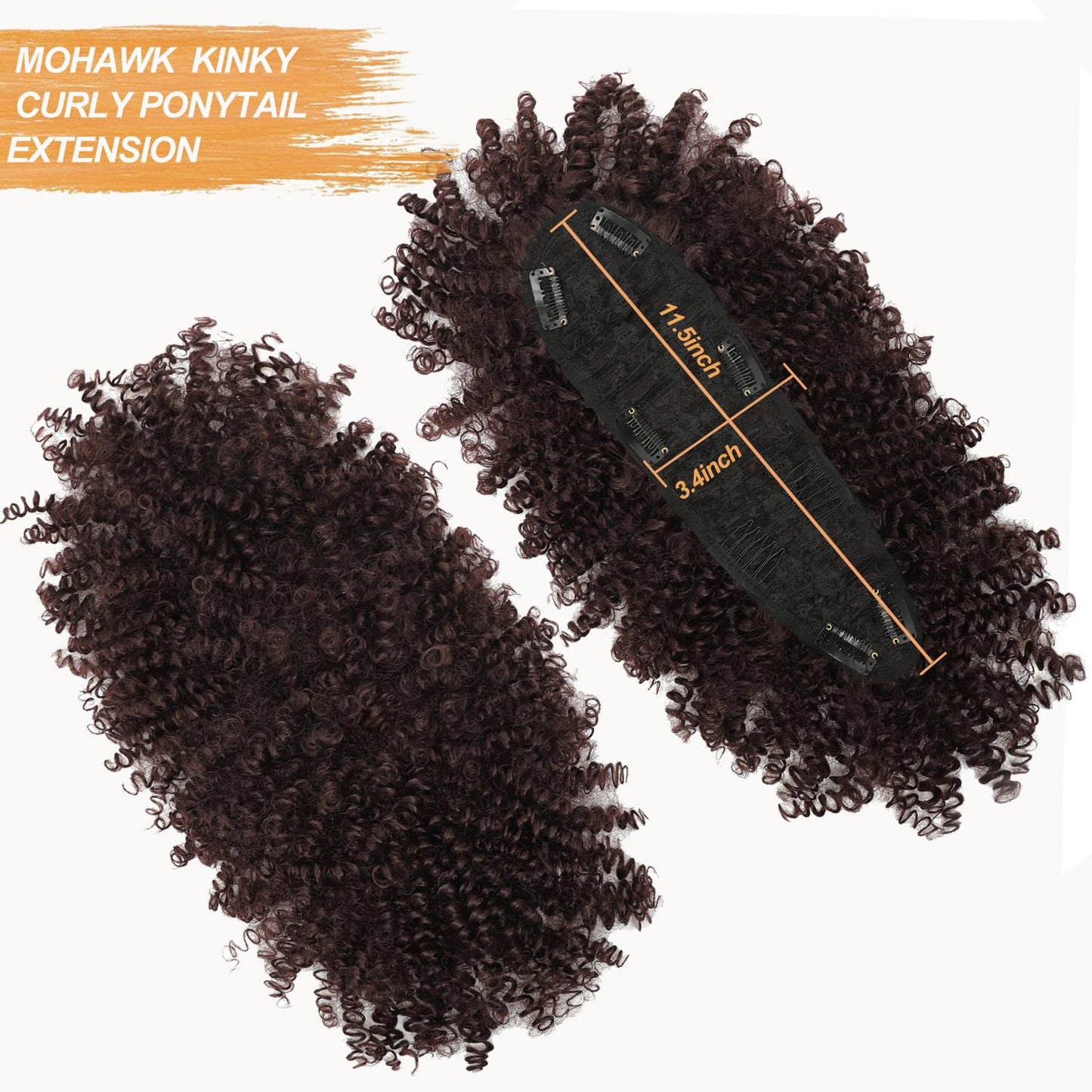 Mohawk Wig Short Kinky Curly Wine Red Ponytail Extension with Bangs,Burgundy Curly Synthetic Clip in Mohawk Ponytail with Six Clips and Two Combs Fluffy Dark Red Hair for Daily Party Use 99J