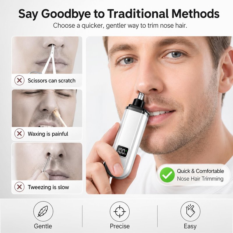 NumberGlow Nose and Ear Hair Trimmer for Men and Women Electric Nose Clipper with USB and LED Power Display, Water-Resistant Dual-Edge Blades Gentle Grooming for Travel