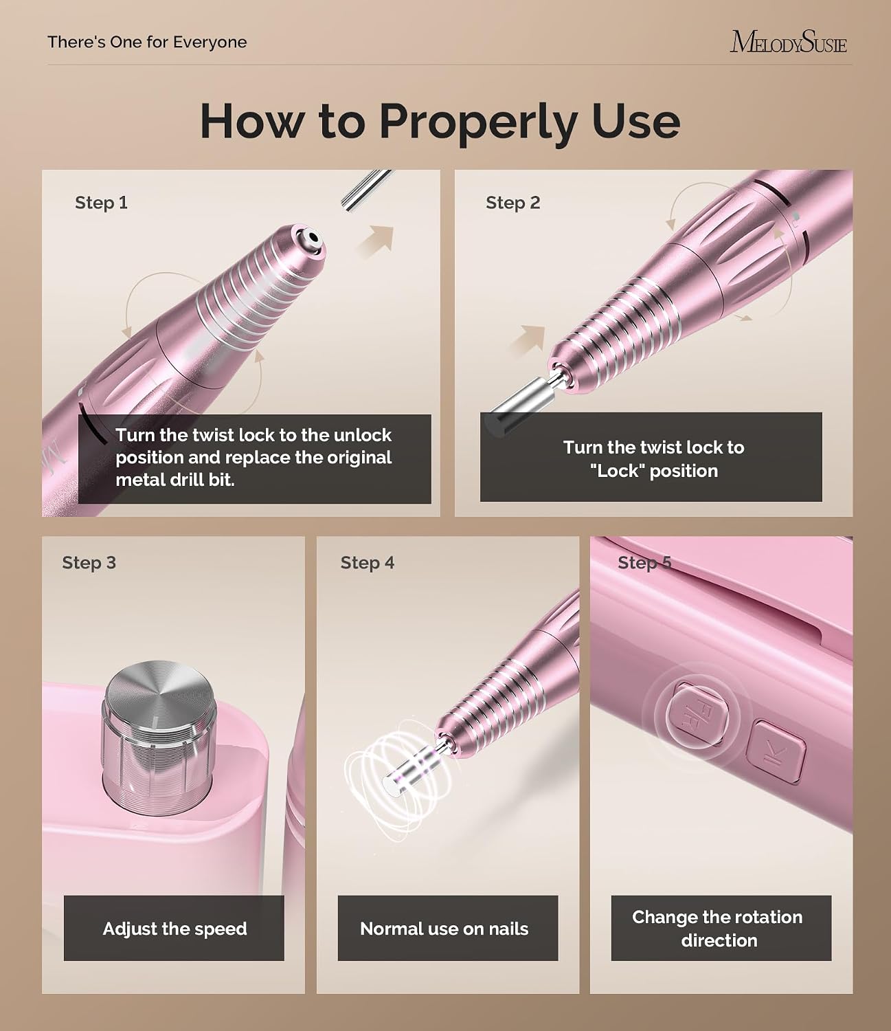MelodySusie Nail Drill - 30000RPM Rechargeable E-File with LCD Display | Ideal for Manicure, Gel Removal & Nail Art Practice, Pink