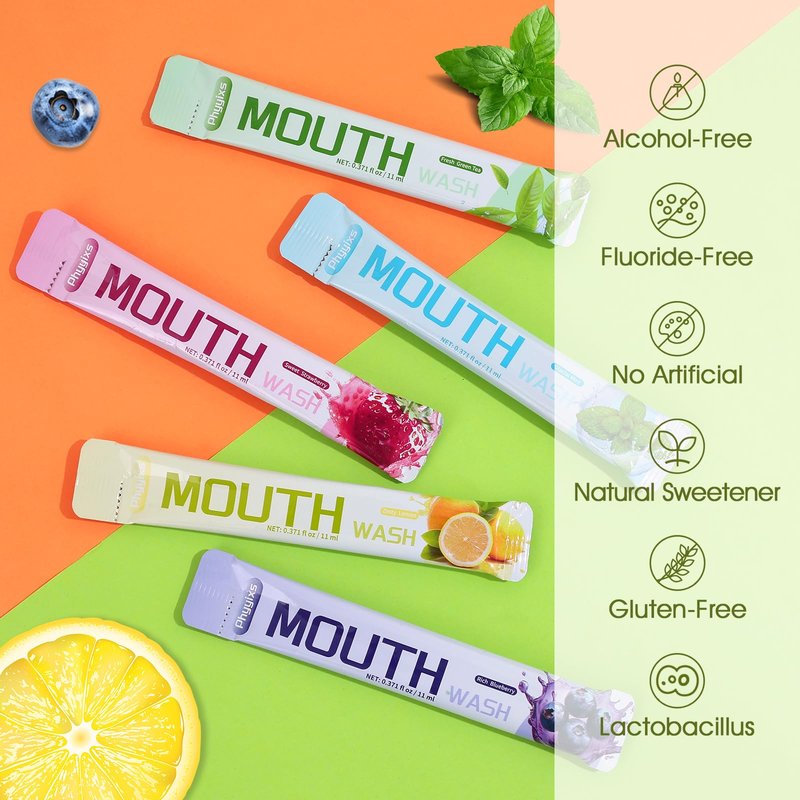 Phyyixs Mouthwash Travel Size – 30 Individually Wrapped Portable Packets, Alcohol-Free & Fluoride-Free, On-The-Go Oral Hygiene for Fresh Breath Anytime(5 Flavors)
