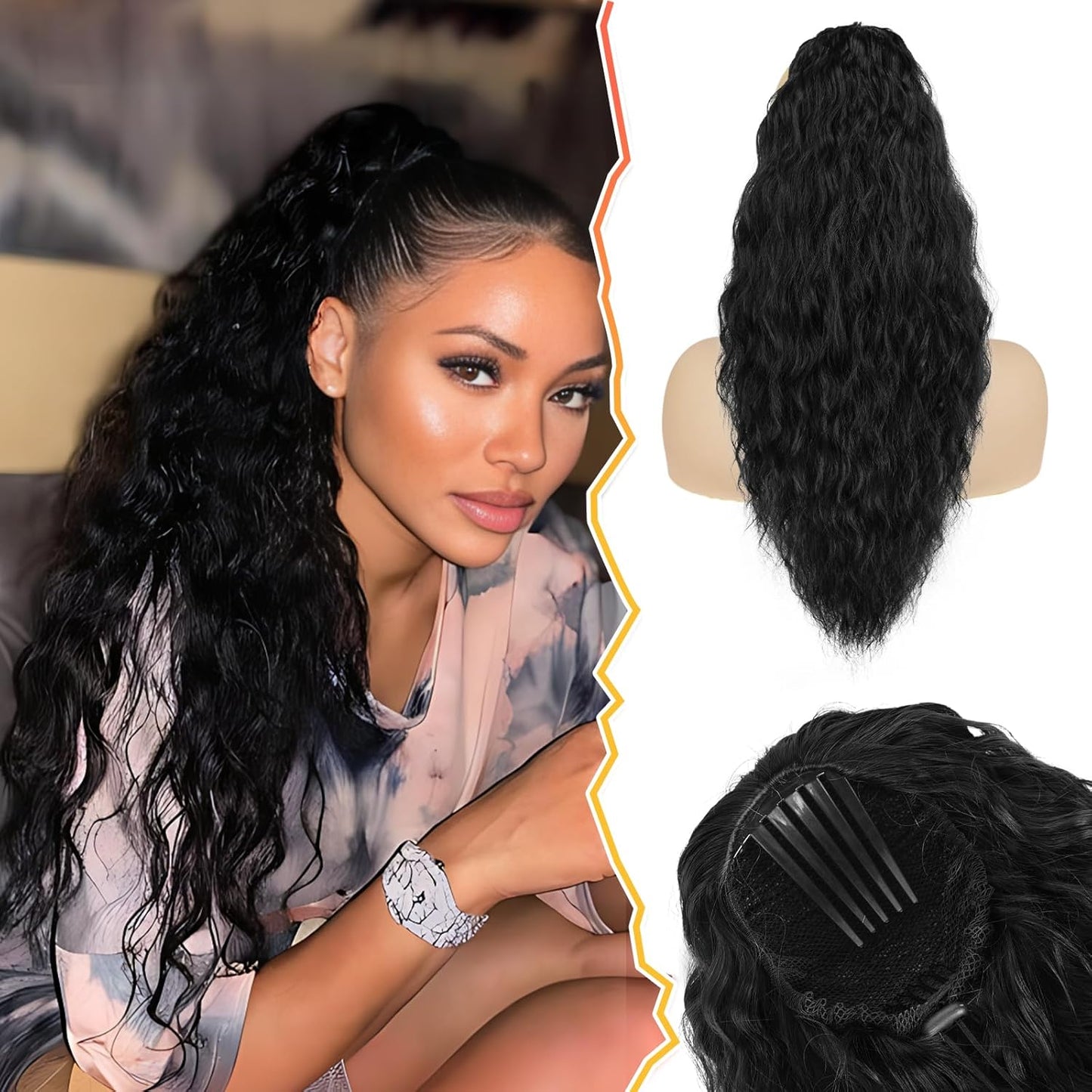 22 Inch Long Curly Wavy Copper Red Ponytail Extension - Synthetic Clip-In Hairpiece for Women | Voluminous Hair