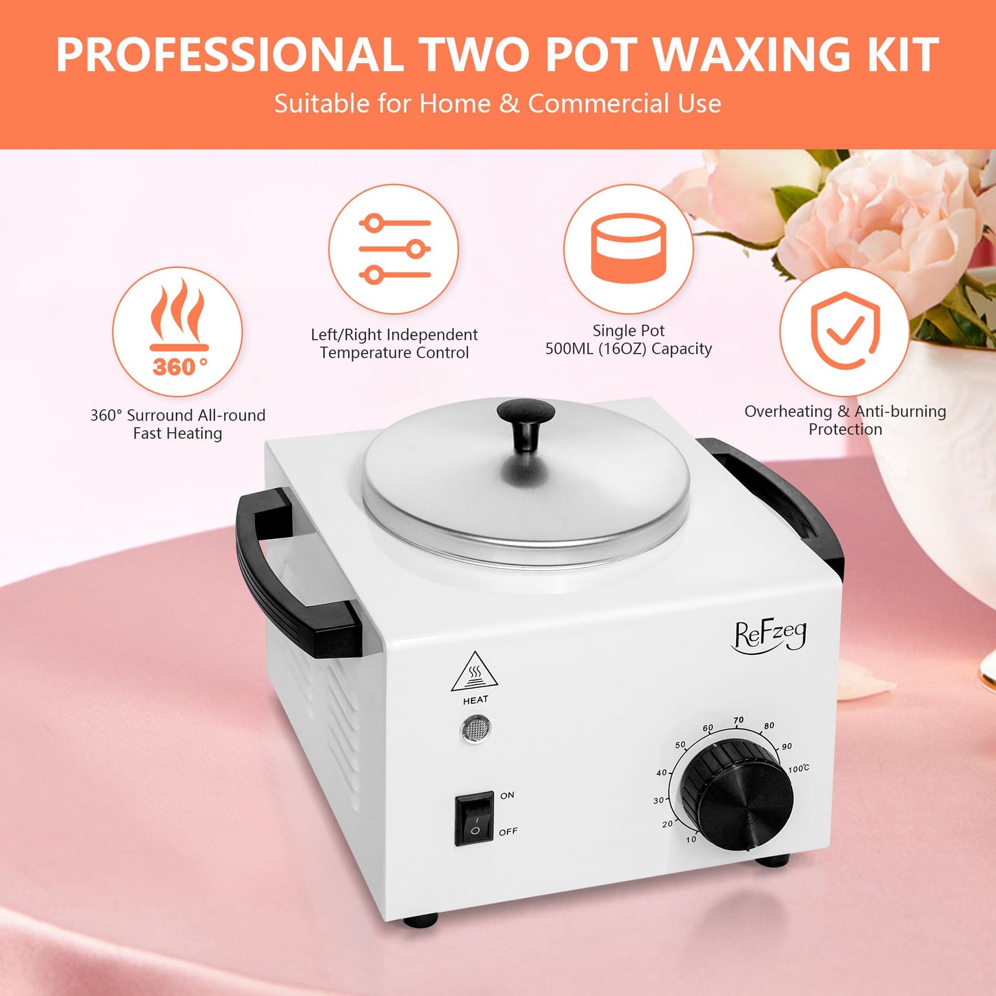 Professional Wax Warmer Single Pot Waxing Kit for Painless Hair Removal, Women Men Portable Wax Heater Machine with Adjustable Temperature Set, 50pcs Sticks, 20pcs Protective Collars